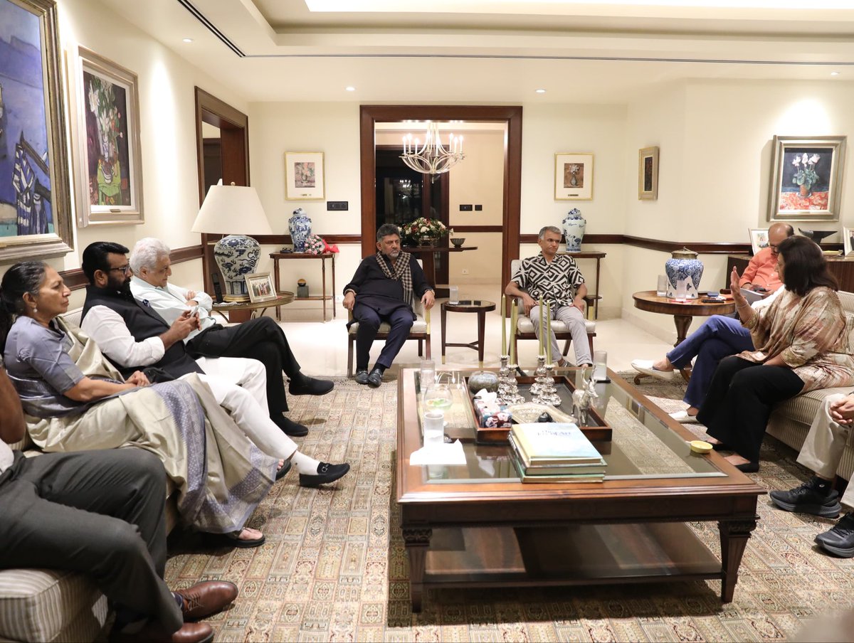 DKShivakumar's tweet photo. Glad to interact with a distinguished group of leaders and experts from diverse sectors, led by Dr Kiran Mazumdar-Shaw, who shared valuable insights and suggestions for Bengaluru’s future.

As we envision the next phase of growth for our capital city, inputs from industry leaders, innovators, and citizens are crucial in building a more sustainable, globally competitive, and livable Bengaluru. Their perspectives will help us strengthen infrastructure, improve governance, and enhance the quality of life for every Bengalurean.

Our government remains committed to working closely with all stakeholders to shape a vibrant and future-ready Bengaluru.

Greater Bengaluru Development Minister Shri Krishna Byre Gowda, BDA Chairman Shri N.A. Haris, and senior officials were also present during the meeting.

@kiranshaw @krishnabgowda @mlanaharis
