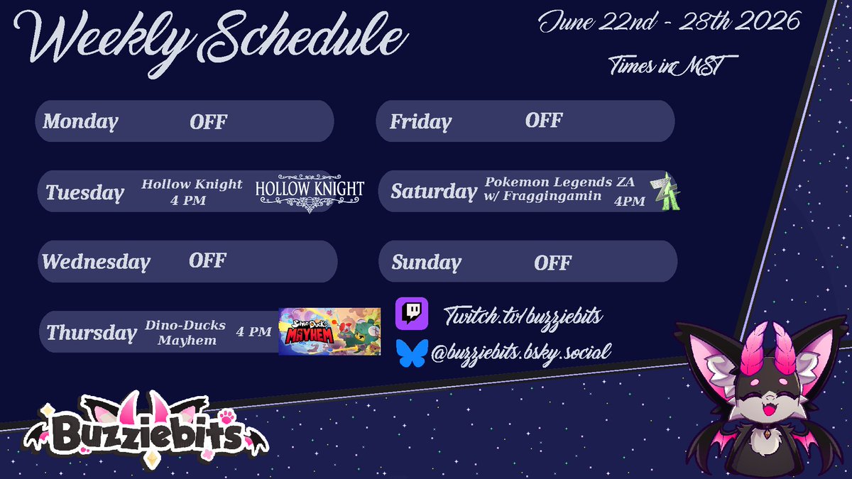 buzziebits's tweet photo. New week and new schedule Vailyn's!
Going light with streams after a busy couple weeks with debut prep from this weekend.
See you later and have a fantastic week Vailyn's! <3
#schedule #vtuber #vrising #twitch https://t.co/H0KrS0eoNJ