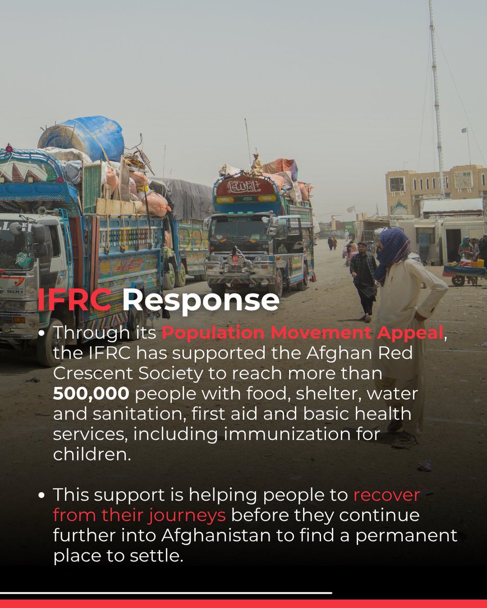 IFRCAsiaPacific's tweet photo. Afghanistan is experiencing one of the largest population movements in the world today. 

6 million people of Afghan origins have been forced to return from neighbouring countries since 2023, often under difficult circumstances. In 2025 alone, more than 2.6 million people returned, with continued arrivals in 2026 placing increasing pressure on fragile communities.

At border points and in communities of return, the Afghan Red Crescent Society - @ARCSAfghanistan , with support from the @IFRC, is providing life-saving assistance, from food, clean water and health services to longer-term support that helps families begin to rebuild.