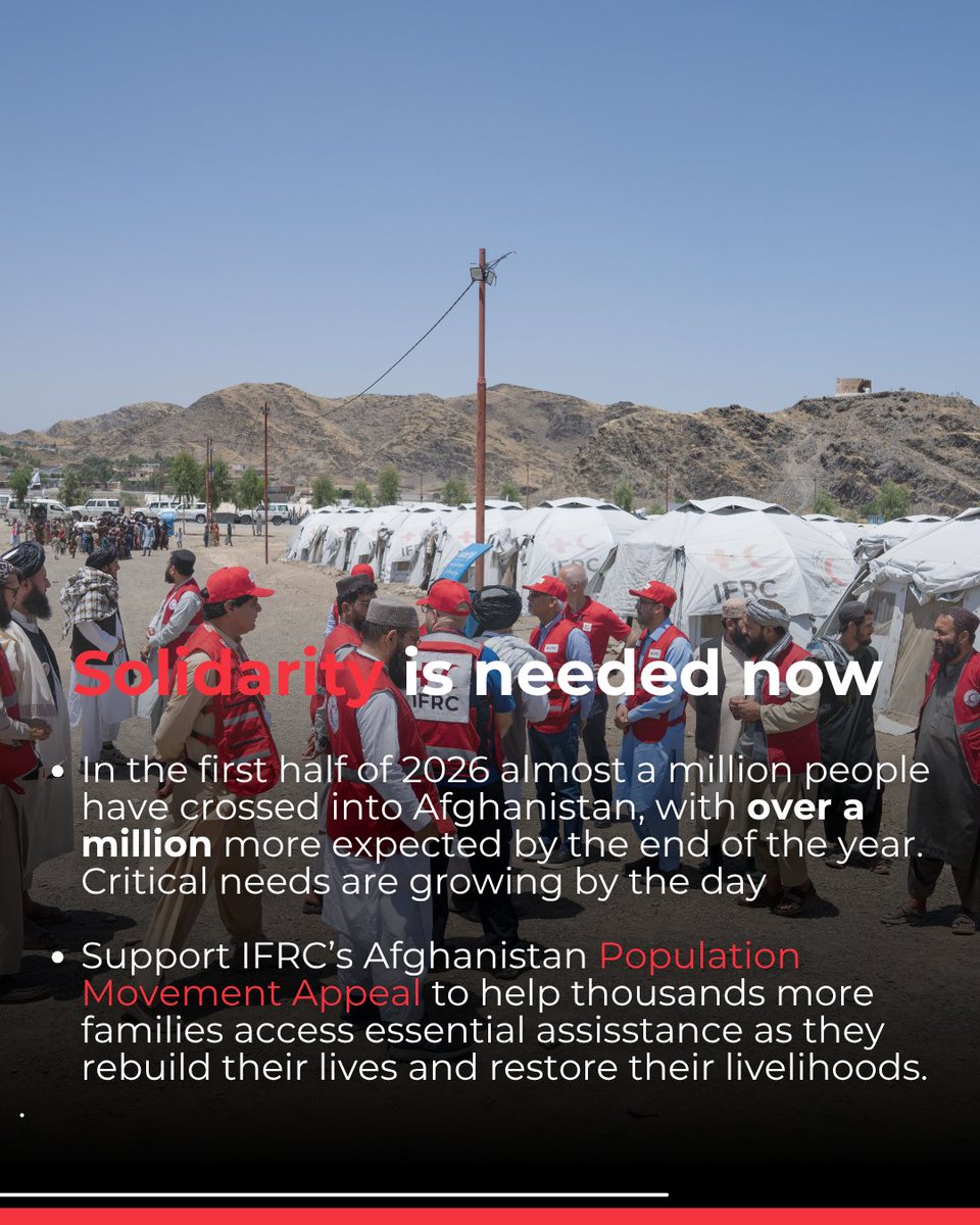 IFRCAsiaPacific's tweet photo. Afghanistan is experiencing one of the largest population movements in the world today. 

6 million people of Afghan origins have been forced to return from neighbouring countries since 2023, often under difficult circumstances. In 2025 alone, more than 2.6 million people returned, with continued arrivals in 2026 placing increasing pressure on fragile communities.

At border points and in communities of return, the Afghan Red Crescent Society - @ARCSAfghanistan , with support from the @IFRC, is providing life-saving assistance, from food, clean water and health services to longer-term support that helps families begin to rebuild.