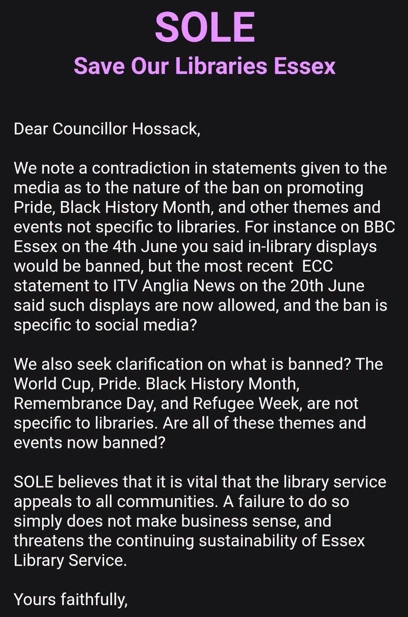 SOLE_Essex's tweet photo. We have today written to the cabinet member responsible for libraries Cllr Hossack, seeking clarification on the ban on promoting themes and events not specific to #libraries. You can also contact Councillor Hossack via email, cllr.chris.hossack@essex.gov.uk #LibrariesForAll https://t.co/328OvYNs5S