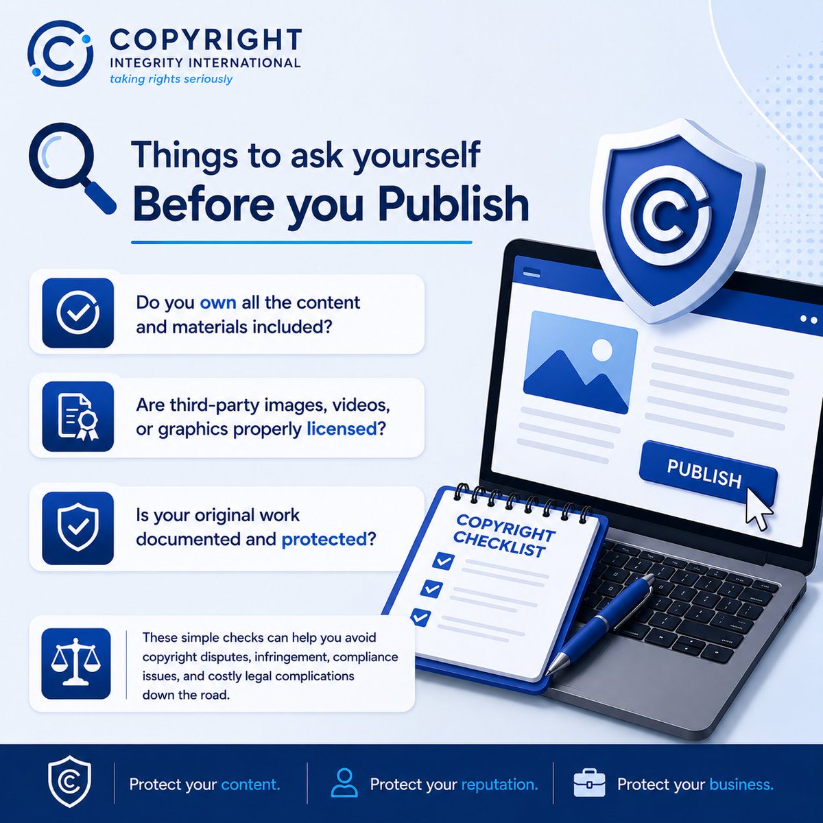 CIIBangalore's tweet photo. 🔍 Things to ask yourself – Before you Publish

The week has started, and you would want to utilize the algorithms to elevate your content to new levels of virality.

But, before you hit that “Publish” button, take a moment to verify:
•⁠  ⁠Do you own all the content and materials included?
•⁠  ⁠Are third-party images, videos, or graphics properly licensed?
•⁠  ⁠Is your original work documented and protected?

These simple checks can help you avoid copyright disputes, infringement, compliance issues, and costly legal complications down the road.

Protect your content. Protect your reputation. Protect your business.

📩 Learn more about our services > https://t.co/2CbxWgQkhD

#ContentCompliance #CopyrightChecklist #MarketingCompliance #DigitalContent