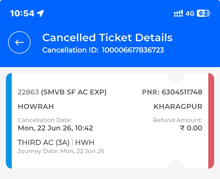 MrJoyMukherjee's tweet photo. @RailMinIndia @AshwiniVaishnaw My train 22863 is running late/rescheduled by 1.5 hours, which didn’t suit my plan so I cancelled my ticket unfortunately Im not eligible for any refund. Does @RailwaySeva expect passengers to waste time for #railways fault.
PNR 6304511748 https://t.co/GSAk4zbySG
