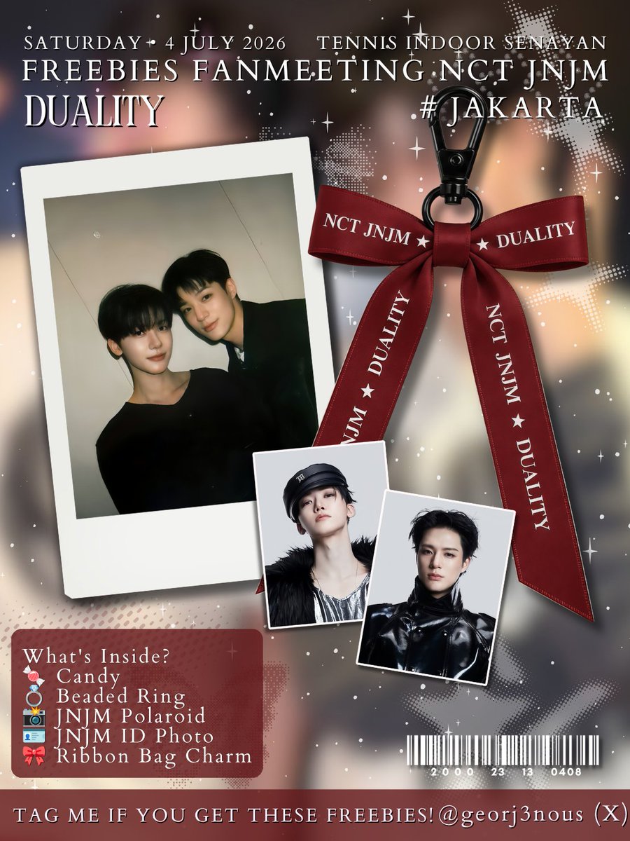 georj3nous's tweet photo. FREEBIES FANMEETING JNJM — JAKARTA
by @georj3nous

📅 July 4, 2026
📍 Tennis Indoor Senayan
⏰ TBA

♡ Like &amp; RT this tweet
♡ JNJM stans
♡ Limited quantity available

don't forget to tag me if you receive these freebies! 🎀

#NCTJNJM_DUALITY
#NCTJNJM_DUALITY_JAKARTA https://t.co/LrBXCkKHji