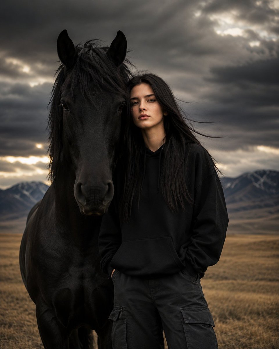 Mythical Woman and Black Horse Portrait