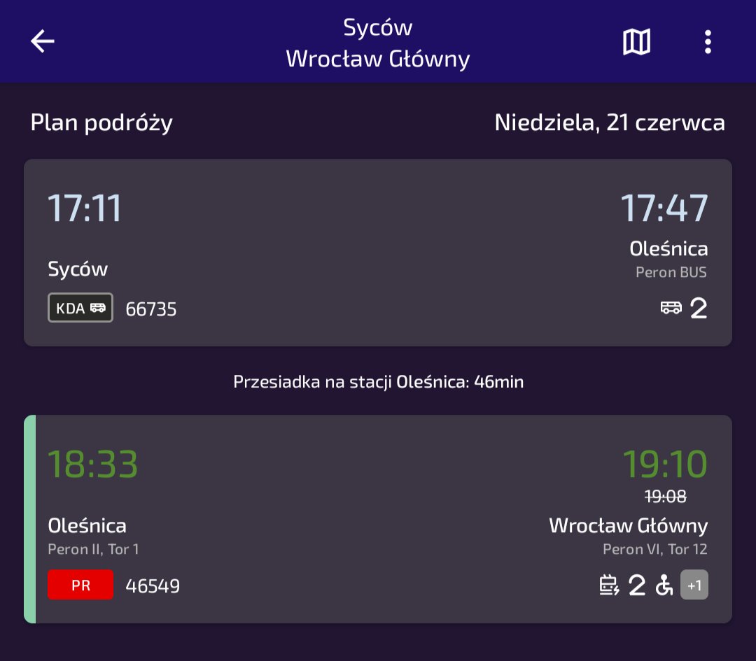 Hihon_'s tweet photo. @KolejeD @infumwd - kto to widział, by na "skomunikowanych" połączeniach ustawić 45minutową przesiadkę? Tak wy budujecie zaufanie do kolei? 
@zbiorkomD https://t.co/KEcKEdLlx7