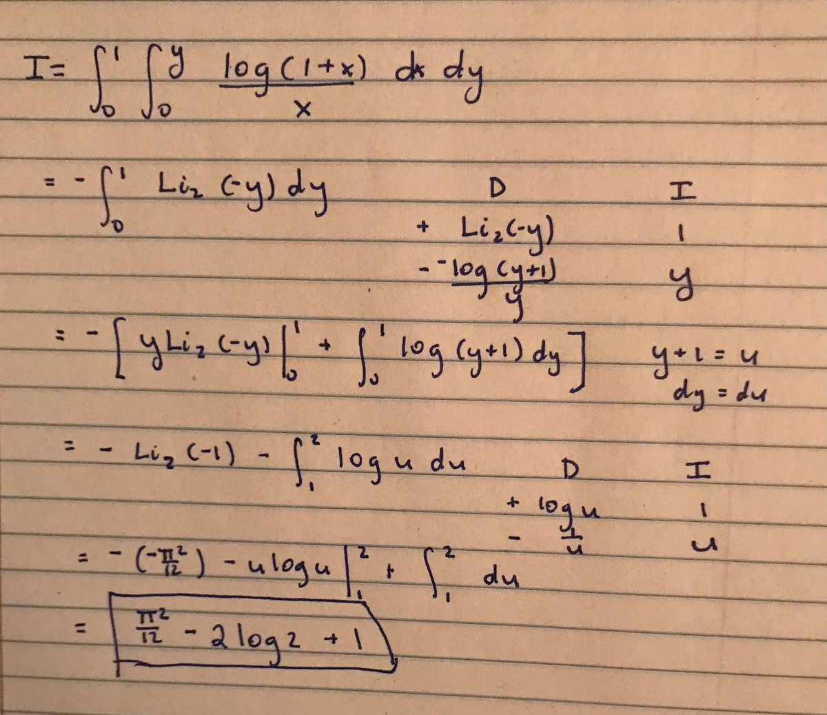 chris_juravich's tweet photo. #Integration #Dilogarithm I used a property of Spence’s function (the dilogarithm) and two sets of IBP. See the quoted video for @drpkmath’s solution. https://t.co/K59HNSKtAH
