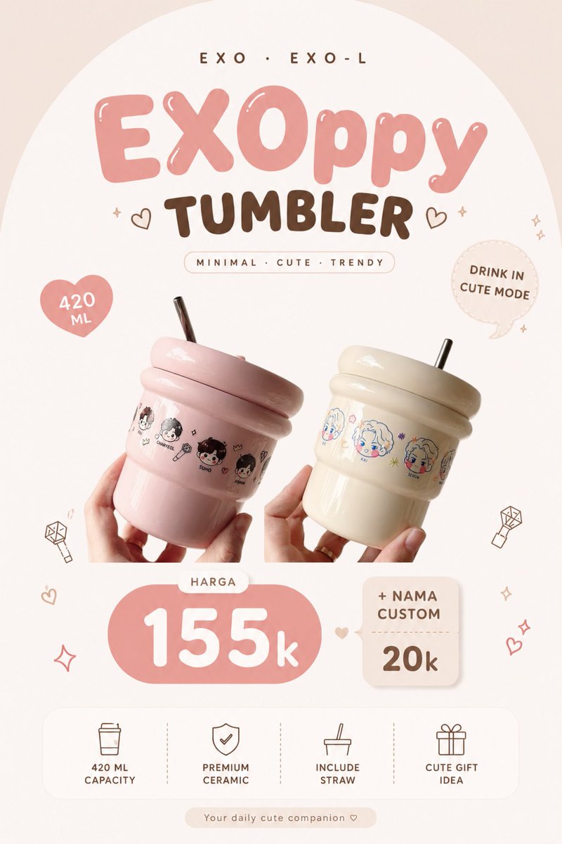 vildanuramalia's tweet photo. 💗✨ OPEN PO — EXOppy Tumbler ✨💗
🛒 AVAILABLE ITEMS 🛒
♡ EXOppy Tumbler Pink
♡ EXOppy Tumblr Beige
🏷️ 155K DP 100K
🥃 Custom Name +20K
🚚 MANUAL ATAU CO SHOPEE
#exo #exol #tumblrexo #exogift #doexo #sehunexo #suhoexo #chanyeolexo #kaiexo #baekhyunexo #chen #xiumin https://t.co/LHbj8jz12i