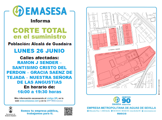 emasesa's tweet photo. RECUERDA❗ ø
22/06 #Corte en el suministro de #TuAgua por trabajos en la red de abastecimiento en C/ Smo. Cristo del Perdón y otras en #AlcaládeGuadaíra
⌚De 16:00 a 19:30 h.
Gracias y disculpen las molestias. #TrabajamosParaTi
#EMASESA #TuEmpresaPúblicaDelAgua @aytoguadaira https://t.co/cJIt1FdJ0j