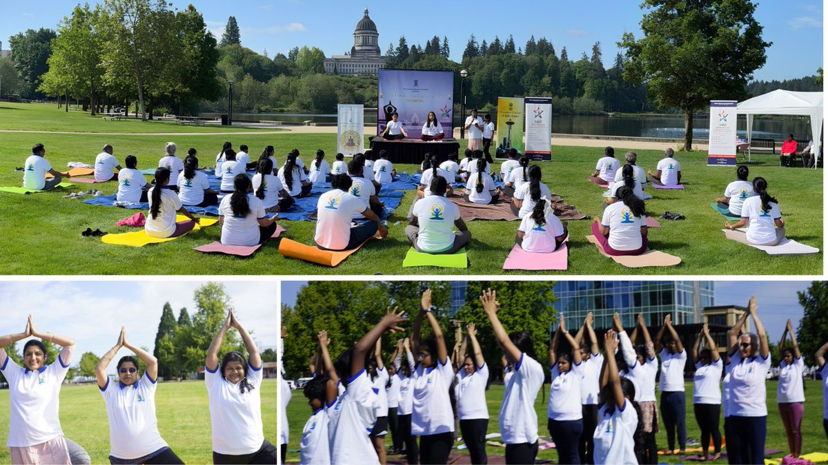 IndiainSeattle's tweet photo. Yoga @ State Capitol!

In partnership with the Indian American Star Foundation, CGI Seattle organized a yoga session marking the 12th International Day of Yoga near the State Capitol in Olympia.

#InternationalDayOfYoga #IDY2026 
#Yoga365 

@AmbVMKwatra @IndianEmbassyUS @MEAIndia @PTI_News @DrSJaishankar @PMOIndia @mygovindia @DDNewslive @airnewsalerts @iccr_hq @moayush

🧵(1/2)