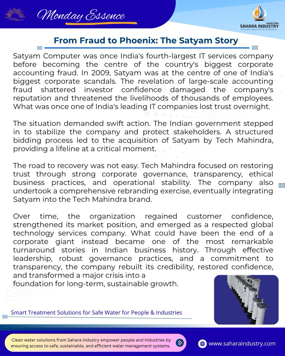 SaharaIndustry's tweet photo. @SaharaIndustry #mondayessence #mondaymotivation #mondayinspiration #mondayvibes #motivationalthoughts #lifelessons
#Satyam #TechMahindra #CorporateTurnaround #BusinessTransformation #CorporateGovernance #Leadership #BusinessLessons #CrisisManagement #Trust #CorporateSuccess https://t.co/CFs0AWzLes