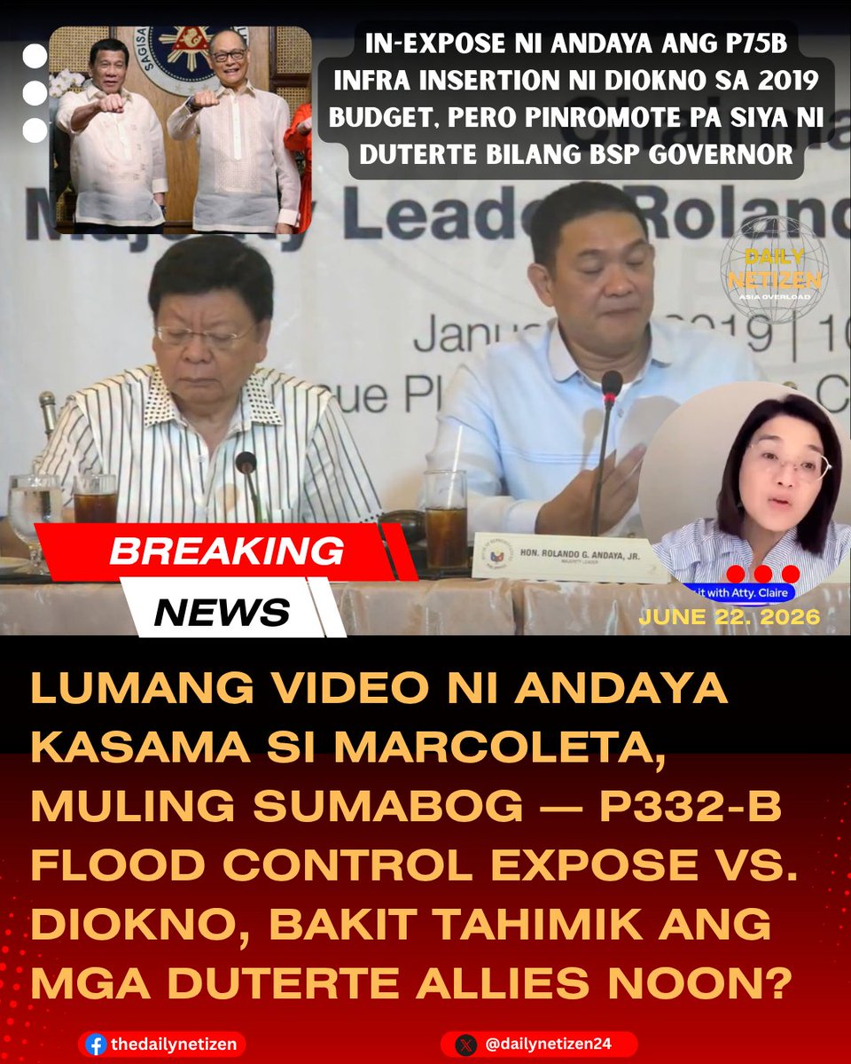 dailynetizen24's tweet photo. BREAKING NEWS: LUMANG VIDEO NI ANDAYA KASAMA SI MARCOLETA, MULING SUMABOG — P332-B FLOOD CONTROL EXPOSE VS. DIOKNO, BAKIT TAHIMIK ANG MGA DUTERTE ALLIES NOON?

In-expose ni Andaya ang P75B infra insertion ni Diokno sa 2019 budget, pero pinromote pa siya ni Duterte bilang BSP governor.

Isang lumang video clip ngayon ang muling umiikot online kung saan makikitang magkatabi sina yumaong dating Camarines Sur congressman at ex-House Majority Leader Rolando “Nonoy” Andaya Jr. at noon ay kongresista pa lamang na si Rodante Marcoleta, habang inilalantad ni Andaya ang umano’y daan-daang bilyong pisong anomalya sa flood control funds at ang papel noon ni Budget Secretary Benjamin Diokno.

Sa isang vlog commentary, ipinunto ni Usec. Claire Castro ang malaking tanong: kung totoong galit sa korapsyon sina Marcoleta, Alan Peter Cayetano, Mike Defensor at iba pang kaalyado ng mga Duterte, bakit wala silang ginawa noong 2018 hanggang 2019 nang buhay pa si Andaya at hayagan niyang ibinubunyag ang umano’y flood control at budget scam?

Noon, si Andaya ang isa sa mga pangunahing bumatikos sa umano’y P332-bilyong flood control anomaly, kabilang ang alegasyon ng P75-bilyong infrastructure insertions sa proposed 2019 budget na iniuugnay niya kay Diokno. Inakusahan din niya ang DBM ng umano’y “parked funds” at kuwestiyonableng proyekto at contractors.

Pero imbes na mapanagot, na-promote pa si Diokno. Noong March 2019, ilang buwan lang matapos ang ingay ng expose, itinalaga siya ni Rodrigo Duterte bilang BSP Governor.

At dito pumapasok ang mas malaking isyu: sa ilalim ng Duterte administration, paulit-ulit na nakita ang pattern na kapag ang nasasangkot sa multi-bilyong anomalya ay kaalyado ng rehimen, imbes na managot ay napoprotektahan, naililipat, o naipupuwesto pa sa mas mataas na posisyon. 

Hindi tuloy maiwasang itanong: promotion ba ito dahil inosente, o gantimpala dahil protektado?

Mas lalong naging mabigat ang usapin dahil si Andaya, na isa sa mga unang naglantad ng flood control controversy, ay namatay noong June 30, 2022, eksaktong huling araw ng termino ni Duterte. 

Natagpuan siyang may tama ng bala sa kanyang bahay sa Naga City, at ang insidente ay iniulat noon bilang isang alleged suicide.

 Wala pang opisyal na ebidensyang nag-uugnay sa kanyang pagkamatay sa kanyang expose, pero hanggang ngayon, maraming netizen ang naghihinala dahil sa timing at sa bigat ng kanyang mga ibinunyag.

Kaya para sa maraming kritiko, ang muling paglabas ng video ay hindi lang simpleng throwback. Isa itong resibo ng doble-kara at selective outrage ng mga Duterte ally at DDS supporters, maingay sa corruption kapag kalaban ang puntirya, pero tikom ang bibig kapag sariling kampo ang nasasangkot.

Sa madaling sabi, ang tanong ng publiko ngayon ay hindi lang kung ano ang alam ni Diokno sa flood control anomaly. 

Ang mas malaking tanong: bakit walang ginawa ang mga kaalyado ni Duterte noong buhay pa si Andaya at inilalantad niya ang isa sa pinakamalalaking corruption scandals ng kanilang rehimen?