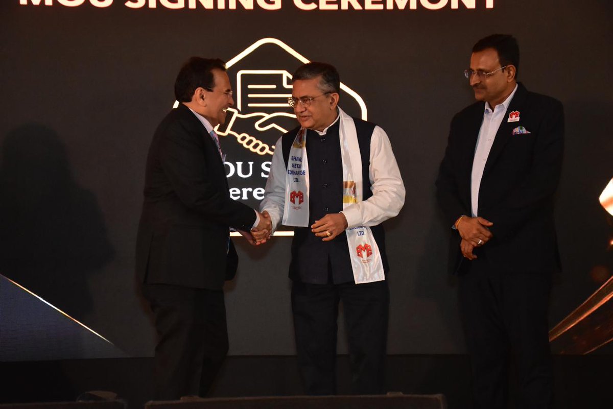 NSEIndia's tweet photo. A new chapter for India's metals ecosystem begins.

Our MD & CEO, Shri Ashishkumar Chauhan, delivered the Chief Guest address at the historic milestone marking the transformation of the Bombay Metal Exchange into Bharat Metal Exchange (BME).

On this occasion, @NSEIndia and Bharat Metal Exchange Ltd. (BME) signed an MoU to strengthen India’s non-ferrous metals derivatives ecosystem. The MoU was exchanged by Shri Ashishkumar Chauhan, MD & CEO, NSE, Shri Sriram Krishnan, Chief Business Development Officer, NSE and Shri Sushil Kothari, President, Bharat Metal Exchange, Shri Rikab Mehta, Chairman, Bharat Metal Exchange.

The partnership aims to promote awareness of non-ferrous metal derivatives, foster industry engagement, and support the development of products aligned with market needs.

Together, NSE and BME will work towards enhancing risk management capabilities and deepen India’s commodity markets, further strengthening India's commodities ecosystem.

#NSEIndia #NSE #BME  #NonFerrousMetals #CommodityMarkets #CapitalMarkets @ashishchauhan