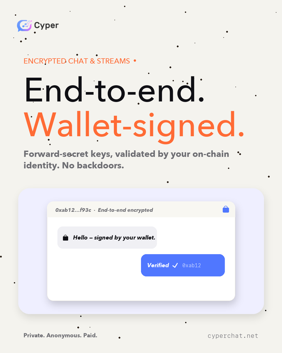 web3_cyperchat's tweet photo. Encryption is table stakes. Authentication is the wall.

Cyper auths every message with your wallet signature — forward-secret, rotating keys, no central holder.

Your DMs aren't safe by policy. They're safe by math.

#Cyper #Encrypted #Web3 #Privacy
https://t.co/u0Xzrw9Iz0 https://t.co/80M7osZVko