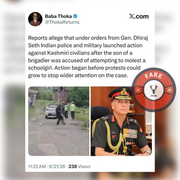 NazirZaara's tweet photo. Propaganda Alert 🚨

A coordinated wave of Pakistani propaganda accounts is circulating a completely fake narrative claiming that “Indian forces targeted Kashmiri civilians on orders of Lt. Gen. Dhiraj Seth following a fabricated molestation case involving a brigadier’s son.”

#FactCheck: This claim is entirely false, baseless, and digitally manufactured with no evidence or official confirmation whatsoever.

No credible report, no official statement, and no verified incident supports this story. It is a clear attempt to mislead and incite misinformation using recycled disinformation tactics.
