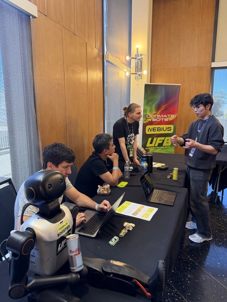 vitl2907's tweet photo. We came to @CalHacks AI Hackathon to find the strongest teams. @UFBots is the sports league for Physical AI - powered by @nebiusai, every team got free compute. 1,300 hackers, 29 teams took our Physical AI challenge: from world models and sim to policies on real robots. https://t.co/lDvgo4BY5a