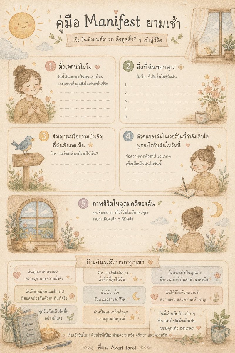 Akaritarot2022's tweet photo. Manifest Journal : เมื่อการเขียนบันทึกกลายเป็นการออกแบบชีวิต

ช่วงนี้ฝนกลับมาอ่านๆฟังๆ เรื่อง Manifest แบบผสมจิตวิทยาค่ะ เมื่อวานเปิดคลิปหมอฟ้าสมาธิศาสตร์ฟังไปเพลินๆ ตอนรีดผ้า หมอฟ้าบอกว่า ออร่าหรือสนามพลังของเรา มาจากสามส่วนในตัวเราเอง คือ หัวใจ(heart), หัว(head) และการกระทำ(action) ส่งต่อเชื่อมโยงเป็นกระแสพลังงานหมุนวนแบบต่อเนื่อง จะอารมณ์ไหน สีอะไร อยู่ที่ว่าคุณภาพใจเราตอนนั้นเป็นอย่างไร และคลื่นพลังงานที่หมุนวนรอบตัวเรานี้เองที่จะเป็นตัวดึงดูดสิ่งต่างๆ ที่สอดคล้องและเป็นจังหวะเดียวกับคลื่นของเรานั้นเข้ามา นี่เป็นกุญแจสำคัญที่จะนำไปสู่การตั้งค่า manifest ที่พอดีและดีพอสำหรับเราค่ะ

Manifest  คืออะไร

หลายคนอาจเข้าใจว่าคือการนั่งขอพรจากจักรวาลแล้วสิ่งต่าง ๆ ปรากฏขึ้นอย่างน่าอัศจรรย์

ไม่ใช่ซะทีเดียวนะคะ manifest หรือที่คำศัพท์ไทยนิยามไว้ว่า ”จิตดลบันดาล“ คือ การค่อย ๆ ปรับจิตใจ ความคิด ความเชื่อ และการกระทำ ให้สอดคล้องกับชีวิตที่เราอยากมี ไม่ใช่ขอเฉยๆ แต่เป็นการลงมือทำผ่านรูปแบบหลายๆอย่าง เช่น การพูด การจินตนาการ การทำ vision board การเขียน การจดบันทึก ฯลฯ จนนำไปสู่การทำจนชิน จนพาเราเข้าสู่เส้นทาง(ที่เคย)ฝันค่ะ

วันนี้อยากมาชวนจดบันทึกกัน

อย่างที่บอก Manifest ไม่ใช่การขอ แต่คือการ ”เป็น“ 
หลายครั้งเรามักเขียนลงไปว่า

“ฉันอยากรวย”
“ฉันอยากประสบความสำเร็จ”
“ฉันอยากมีความสุข”

เป็นประโยคที่เริ่มจากความขาด เพราะฉันอยาก… เป็นสื่อไปในเชิงว่า ตอนนี้ฉันไม่มีสิ่งนั้นนะ ซึ่งจริงๆแล้วคุณเป็น คุณมีสิ่งเหล่านั้นในชีวิตอยู่แล้ว แค่คุณไม่ได้โฟกัส หรือเปรียบเทียบกับสเกลที่ใหญ่กว่าเลยมองไม่เห็นความสำเร็จเล็กๆ ที่เรามีในทุกวัน

การจดบันทึกเป็นเครื่องมือหนึ่งสำหรับคนชอบเขียน ที่จะช่วยขยายสิ่งเหล่านั้น ให้เราเห็นได้ชัดมากขึ้นค่ะ

ลองปรับคำถามที่ชวนให้เราดึงเอาความรู้สึก ดึงเอาจินตนาการเข้าไปสัมผัสออกมา

-ถ้าฉันเป็นคนคนนั้นแล้ว วันนี้ฉันจะใช้ชีวิตอย่างไร?
-คนที่มีความสุข ดูแลตัวเองแบบไหน?
-คนที่ประสบความสำเร็จ ใช้เวลาในแต่ละวันอย่างไร?
-คนที่มีความมั่นคงทางการเงิน ตัดสินใจเรื่องเงินอย่างไร? ฯลฯ

Manifest จึงไม่ใช่การรอคอยอนาคต แต่คือการเริ่มเป็นคนคนนั้นทีละนิดในวันนี้

Journal ที่ฝนลงให้นำไปใช้ได้ตามสบายเลยนะคะ เป็นแค่แนวทางที่ชวนให้ทุกคนเขียนวันละนิดละหน่อย เพื่อประกอบเป็นภาพฝันที่ใกล้เป็นความจริงในสักวันค่ะ

🌞ตอนเช้า 

🌱วันนี้ฉันรู้สึกอย่างไร?
* สงบ
* มั่นใจ
* สดใส
* มีแรงบันดาลใจ
* อุดมสมบูรณ์
เพราะจิตใจและความรู้สึกมักเป็นจุดเริ่มต้นของการกระทำทั้งหมดค่ะ

🌱ตัวตนในเวอร์ชั่นที่เติบโตแล้ว จะทำอะไรวันนี้
ลองนึกถึงตัวเองในอนาคต แล้วถามว่า

“คนคนนั้นจะเลือกทำอะไรในวันนี้”

คำตอบอาจเป็นเรื่องเล็ก ๆ
* อ่านหนังสือ 10 หน้า
* เขียนบทความ 1 ย่อหน้า
* ออกกำลังกาย 15 นาที
* โทรหาคนที่รัก
แต่การกระทำเล็ก ๆ ที่ทำซ้ำ คือสิ่งที่สร้างอนาคตในระยะยาว

🌱ขอบคุณล่วงหน้า ลองเขียนขอบคุณในสิ่งที่กำลังสร้างอยู่ เช่น

“ขอบคุณสำหรับโอกาสดี ๆ ที่กำลังเข้ามา”
“ขอบคุณสำหรับผู้คนที่เห็นคุณค่าในสิ่งที่ฉันแบ่งปัน”
“ขอบคุณที่ฉันกำลังเติบโตขึ้นทุกวัน”

ไม่ใช่เพื่อหลอกตัวเองว่ามันเกิดขึ้นแล้ว แต่เพื่อเตือนตัวเองว่า ฉันกำลังเดินไปในทิศทางนั้น

🌟ตอนเย็น

🌱วันนี้มีอะไรดี ๆ เกิดขึ้นบ้าง แม้เป็นเรื่องเล็กน้อย

* ได้กินอาหารอร่อย
* ลูกหัวเราะ
* มีคนส่งข้อความน่ารักมา
* ทำงานเสร็จตามเป้าหมาย

เมื่อเราฝึกมองเห็นสิ่งดี ๆ สมองจะเริ่มมองเห็นความอุดมสมบูรณ์ที่มีอยู่แล้วในชีวิตค่ะ

🌱วันนี้ฉันภูมิใจอะไรในตัวเอง

อย่าลืมชื่นชมตัวเองระหว่างทาง บางวันสิ่งที่ภูมิใจอาจเป็นเพียง วันนี้ฉันเก่งจังที่ลุกขึ่นจากที่นอนได้ และนั่นก็เพียงพอแล้วค่ะ 🤣

ทุกเหตุการณ์ล้วนมีบทเรียน
บางครั้งชีวิตกำลังสอนเรื่องความอดทน
บางครั้งกำลังสอนเรื่องการปล่อยวาง
บางครั้งกำลังสอนเรื่องการเชื่อมั่นในตัวเอง

สิ่งสำคัญอาจไม่ใช่จำนวนครั้งที่เขียน แต่คือการได้กลับมาเชื่อมต่อกับความตั้งใจของตัวเองวันละหลายครั้ง เหมือนการตั้งเข็มทิศให้ใจกลับมาสู่ทิศทางเดิม

สิ่งที่ฝนค้นพบจากการ Manifest

เมื่อก่อนเคยคิดว่า Manifest คือการดึงดูดสิ่งที่ต้องการเข้ามา แต่ตอนนี้เริ่มรู้สึกว่า Manifest คือการดึงตัวเองกลับมา 

กลับมาจดจำว่าเราเป็นใคร
กำลังเติบโตไปทางไหน
และอยากใช้ชีวิตแบบใด

บางครั้งสิ่งที่เปลี่ยนแปลงก่อน ไม่ใช่โลกภายนอก แต่เป็นมุมมองภายใน และเมื่อภายในเปลี่ยน การตัดสินใจ การกระทำ และชีวิตภายนอกก็ค่อย ๆ เปลี่ยนตามไปด้วย เมื่อเราพร้อม จักรวาลจึงจะส่งอะไรที่คิดเราว่ารับไหวมาให้ เพราะจักรวาลรักเราค่ะ

บางทีนี่อาจเป็นความมหัศจรรย์ที่แท้จริงของการ Manifest ก็ได้นะคะ💖