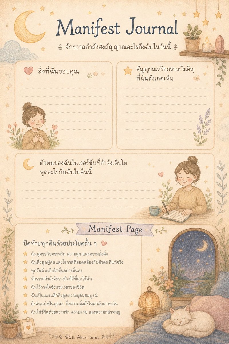 Akaritarot2022's tweet photo. Manifest Journal : เมื่อการเขียนบันทึกกลายเป็นการออกแบบชีวิต

ช่วงนี้ฝนกลับมาอ่านๆฟังๆ เรื่อง Manifest แบบผสมจิตวิทยาค่ะ เมื่อวานเปิดคลิปหมอฟ้าสมาธิศาสตร์ฟังไปเพลินๆ ตอนรีดผ้า หมอฟ้าบอกว่า ออร่าหรือสนามพลังของเรา มาจากสามส่วนในตัวเราเอง คือ หัวใจ(heart), หัว(head) และการกระทำ(action) ส่งต่อเชื่อมโยงเป็นกระแสพลังงานหมุนวนแบบต่อเนื่อง จะอารมณ์ไหน สีอะไร อยู่ที่ว่าคุณภาพใจเราตอนนั้นเป็นอย่างไร และคลื่นพลังงานที่หมุนวนรอบตัวเรานี้เองที่จะเป็นตัวดึงดูดสิ่งต่างๆ ที่สอดคล้องและเป็นจังหวะเดียวกับคลื่นของเรานั้นเข้ามา นี่เป็นกุญแจสำคัญที่จะนำไปสู่การตั้งค่า manifest ที่พอดีและดีพอสำหรับเราค่ะ

Manifest  คืออะไร

หลายคนอาจเข้าใจว่าคือการนั่งขอพรจากจักรวาลแล้วสิ่งต่าง ๆ ปรากฏขึ้นอย่างน่าอัศจรรย์

ไม่ใช่ซะทีเดียวนะคะ manifest หรือที่คำศัพท์ไทยนิยามไว้ว่า ”จิตดลบันดาล“ คือ การค่อย ๆ ปรับจิตใจ ความคิด ความเชื่อ และการกระทำ ให้สอดคล้องกับชีวิตที่เราอยากมี ไม่ใช่ขอเฉยๆ แต่เป็นการลงมือทำผ่านรูปแบบหลายๆอย่าง เช่น การพูด การจินตนาการ การทำ vision board การเขียน การจดบันทึก ฯลฯ จนนำไปสู่การทำจนชิน จนพาเราเข้าสู่เส้นทาง(ที่เคย)ฝันค่ะ

วันนี้อยากมาชวนจดบันทึกกัน

อย่างที่บอก Manifest ไม่ใช่การขอ แต่คือการ ”เป็น“ 
หลายครั้งเรามักเขียนลงไปว่า

“ฉันอยากรวย”
“ฉันอยากประสบความสำเร็จ”
“ฉันอยากมีความสุข”

เป็นประโยคที่เริ่มจากความขาด เพราะฉันอยาก… เป็นสื่อไปในเชิงว่า ตอนนี้ฉันไม่มีสิ่งนั้นนะ ซึ่งจริงๆแล้วคุณเป็น คุณมีสิ่งเหล่านั้นในชีวิตอยู่แล้ว แค่คุณไม่ได้โฟกัส หรือเปรียบเทียบกับสเกลที่ใหญ่กว่าเลยมองไม่เห็นความสำเร็จเล็กๆ ที่เรามีในทุกวัน

การจดบันทึกเป็นเครื่องมือหนึ่งสำหรับคนชอบเขียน ที่จะช่วยขยายสิ่งเหล่านั้น ให้เราเห็นได้ชัดมากขึ้นค่ะ

ลองปรับคำถามที่ชวนให้เราดึงเอาความรู้สึก ดึงเอาจินตนาการเข้าไปสัมผัสออกมา

-ถ้าฉันเป็นคนคนนั้นแล้ว วันนี้ฉันจะใช้ชีวิตอย่างไร?
-คนที่มีความสุข ดูแลตัวเองแบบไหน?
-คนที่ประสบความสำเร็จ ใช้เวลาในแต่ละวันอย่างไร?
-คนที่มีความมั่นคงทางการเงิน ตัดสินใจเรื่องเงินอย่างไร? ฯลฯ

Manifest จึงไม่ใช่การรอคอยอนาคต แต่คือการเริ่มเป็นคนคนนั้นทีละนิดในวันนี้

Journal ที่ฝนลงให้นำไปใช้ได้ตามสบายเลยนะคะ เป็นแค่แนวทางที่ชวนให้ทุกคนเขียนวันละนิดละหน่อย เพื่อประกอบเป็นภาพฝันที่ใกล้เป็นความจริงในสักวันค่ะ

🌞ตอนเช้า 

🌱วันนี้ฉันรู้สึกอย่างไร?
* สงบ
* มั่นใจ
* สดใส
* มีแรงบันดาลใจ
* อุดมสมบูรณ์
เพราะจิตใจและความรู้สึกมักเป็นจุดเริ่มต้นของการกระทำทั้งหมดค่ะ

🌱ตัวตนในเวอร์ชั่นที่เติบโตแล้ว จะทำอะไรวันนี้
ลองนึกถึงตัวเองในอนาคต แล้วถามว่า

“คนคนนั้นจะเลือกทำอะไรในวันนี้”

คำตอบอาจเป็นเรื่องเล็ก ๆ
* อ่านหนังสือ 10 หน้า
* เขียนบทความ 1 ย่อหน้า
* ออกกำลังกาย 15 นาที
* โทรหาคนที่รัก
แต่การกระทำเล็ก ๆ ที่ทำซ้ำ คือสิ่งที่สร้างอนาคตในระยะยาว

🌱ขอบคุณล่วงหน้า ลองเขียนขอบคุณในสิ่งที่กำลังสร้างอยู่ เช่น

“ขอบคุณสำหรับโอกาสดี ๆ ที่กำลังเข้ามา”
“ขอบคุณสำหรับผู้คนที่เห็นคุณค่าในสิ่งที่ฉันแบ่งปัน”
“ขอบคุณที่ฉันกำลังเติบโตขึ้นทุกวัน”

ไม่ใช่เพื่อหลอกตัวเองว่ามันเกิดขึ้นแล้ว แต่เพื่อเตือนตัวเองว่า ฉันกำลังเดินไปในทิศทางนั้น

🌟ตอนเย็น

🌱วันนี้มีอะไรดี ๆ เกิดขึ้นบ้าง แม้เป็นเรื่องเล็กน้อย

* ได้กินอาหารอร่อย
* ลูกหัวเราะ
* มีคนส่งข้อความน่ารักมา
* ทำงานเสร็จตามเป้าหมาย

เมื่อเราฝึกมองเห็นสิ่งดี ๆ สมองจะเริ่มมองเห็นความอุดมสมบูรณ์ที่มีอยู่แล้วในชีวิตค่ะ

🌱วันนี้ฉันภูมิใจอะไรในตัวเอง

อย่าลืมชื่นชมตัวเองระหว่างทาง บางวันสิ่งที่ภูมิใจอาจเป็นเพียง วันนี้ฉันเก่งจังที่ลุกขึ่นจากที่นอนได้ และนั่นก็เพียงพอแล้วค่ะ 🤣

ทุกเหตุการณ์ล้วนมีบทเรียน
บางครั้งชีวิตกำลังสอนเรื่องความอดทน
บางครั้งกำลังสอนเรื่องการปล่อยวาง
บางครั้งกำลังสอนเรื่องการเชื่อมั่นในตัวเอง

สิ่งสำคัญอาจไม่ใช่จำนวนครั้งที่เขียน แต่คือการได้กลับมาเชื่อมต่อกับความตั้งใจของตัวเองวันละหลายครั้ง เหมือนการตั้งเข็มทิศให้ใจกลับมาสู่ทิศทางเดิม

สิ่งที่ฝนค้นพบจากการ Manifest

เมื่อก่อนเคยคิดว่า Manifest คือการดึงดูดสิ่งที่ต้องการเข้ามา แต่ตอนนี้เริ่มรู้สึกว่า Manifest คือการดึงตัวเองกลับมา 

กลับมาจดจำว่าเราเป็นใคร
กำลังเติบโตไปทางไหน
และอยากใช้ชีวิตแบบใด

บางครั้งสิ่งที่เปลี่ยนแปลงก่อน ไม่ใช่โลกภายนอก แต่เป็นมุมมองภายใน และเมื่อภายในเปลี่ยน การตัดสินใจ การกระทำ และชีวิตภายนอกก็ค่อย ๆ เปลี่ยนตามไปด้วย เมื่อเราพร้อม จักรวาลจึงจะส่งอะไรที่คิดเราว่ารับไหวมาให้ เพราะจักรวาลรักเราค่ะ

บางทีนี่อาจเป็นความมหัศจรรย์ที่แท้จริงของการ Manifest ก็ได้นะคะ💖