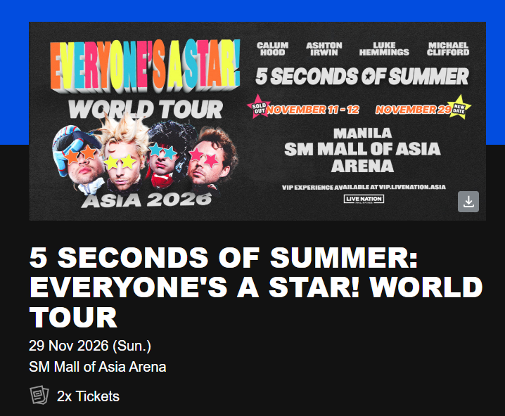bardagyulan's tweet photo. been inactive here, lyf update hehe
im seeing my favorite boyband after 12 yrs !

see u for 2 nights @5SOS <33 https://t.co/UFWxEo5LsG