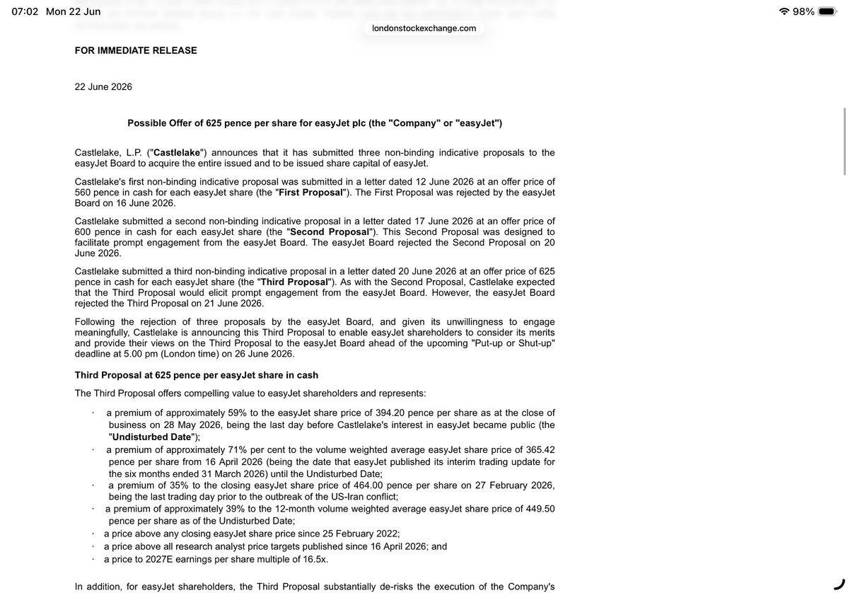 reb40's tweet photo. #EZJ Another Day Another Takeover Approach 

Castlelake break cover with their 3rd bid for EasyJet

625p cash is potentially offered vs the closing price of 504p

Let’s see whether this increases engagement with shareholders &amp; the EasyJet Board… https://t.co/lwX0MnQTX1