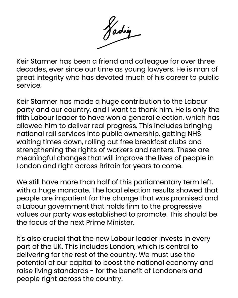 SadiqKhan's tweet photo. Keir Starmer has been a friend and colleague for over three decades, ever since our time as young lawyers. He is man of great integrity who has devoted his career to public service. 

Keir has made a huge contribution to the Labour party and our country, and I want to thank him. https://t.co/PbYnJxQAx6