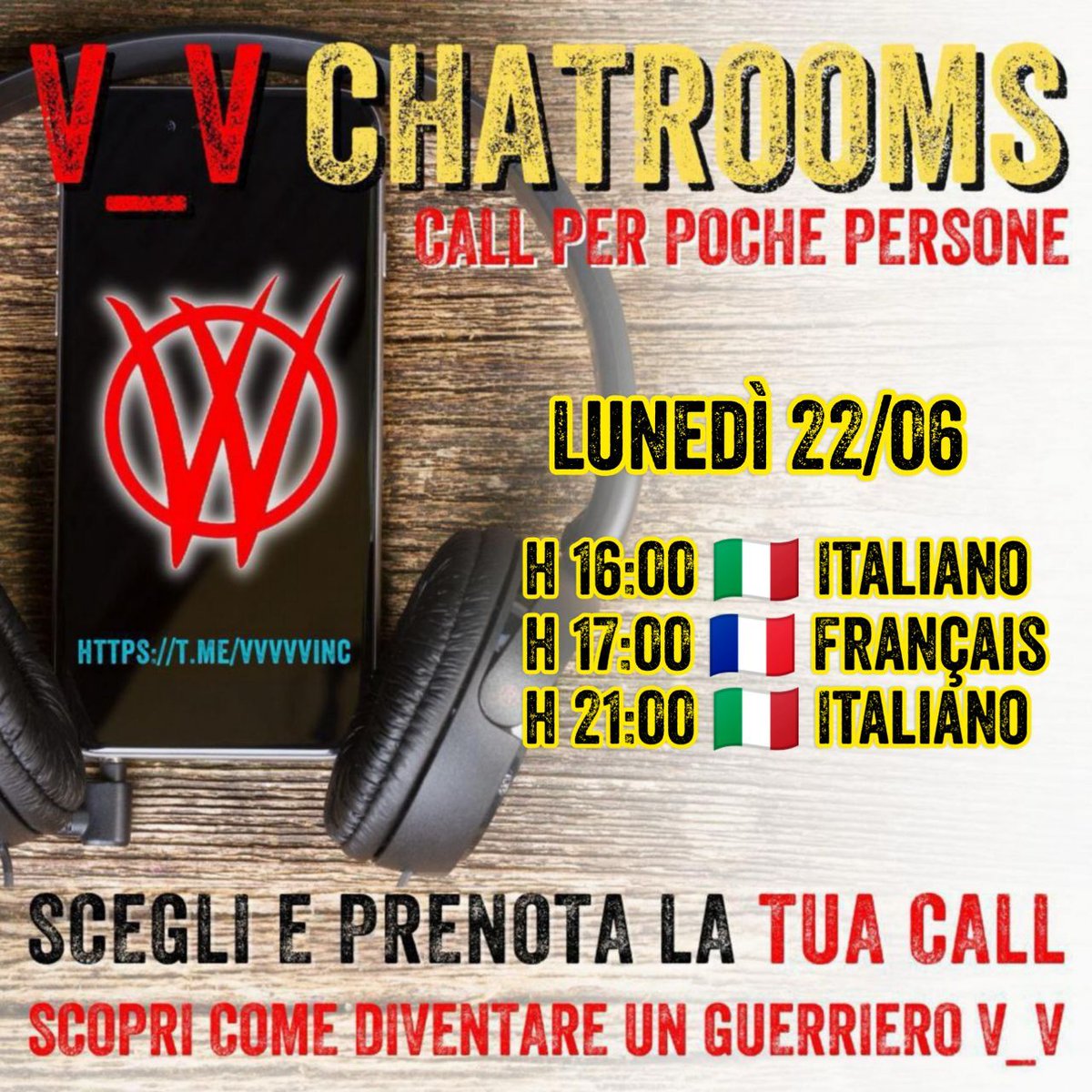 VVlibera's tweet photo. VIENI A PARLARE IN MODO RISERVATO CON UN GUERRIER0  #V_V  CHE TI SPIEGA PERCHÈ L0TTIAMO E COSA FARE PER L0TTARE ANCHE TU

ON LINE OGGI
Lunedì #22giugno 🔥

h 16:00 🇮🇹 Italiano
h 17:00 🇫🇷 Français
h 21:00 🇮🇹 Italiano

https://t.co/nGANYpGYMo https://t.co/jeFabERNPk