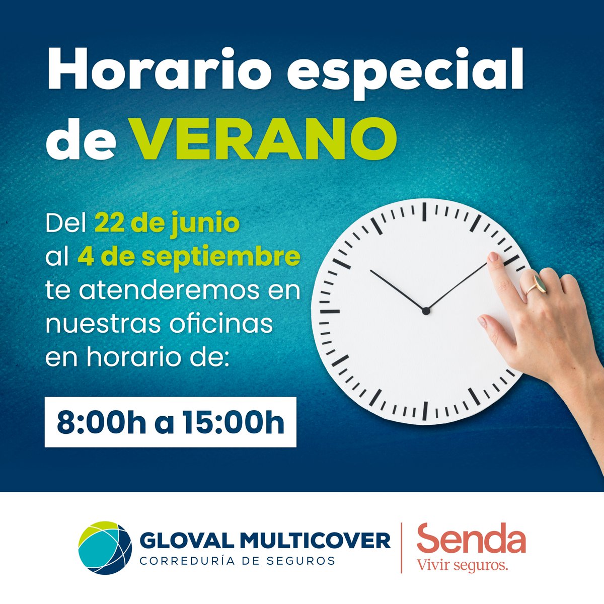 GMulticover's tweet photo. Horario especial de VERANO. Desde el 22 de junio te atenderemos en nuestras oficinas en horario de 8h a 15h. https://t.co/8ODrgiTtKh