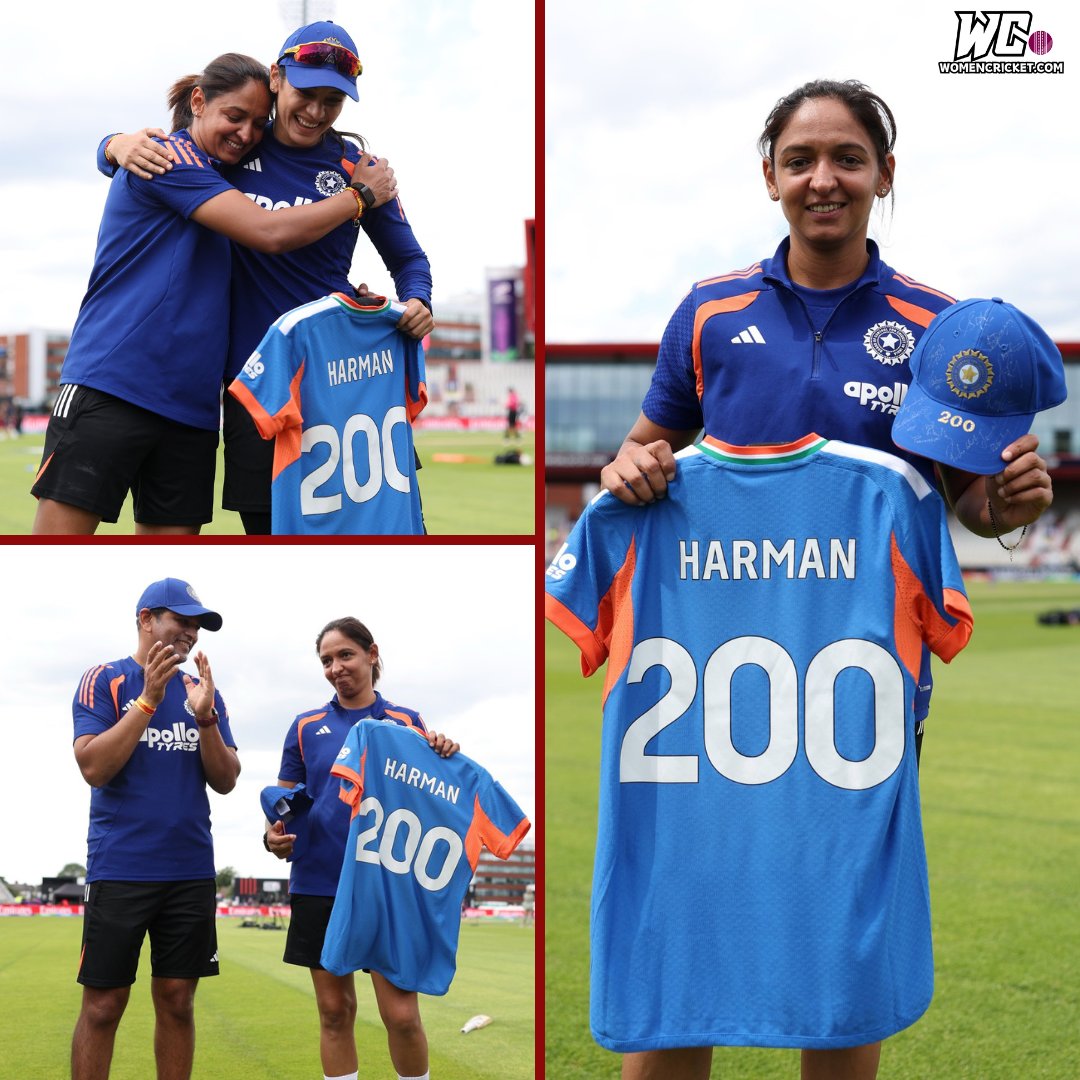 WomenCricketHQ's tweet photo. Smriti Mandhana & Amol Mazumdar present special mementos to Harmanpreet Kaur for becoming the first player to play in 200 WT20Is 🤩
#INDvSA #T20WorldCup #HarmanpreetKaur https://t.co/UvDkDpDEHR