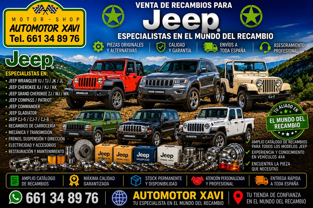 AUTOMOTORXAVI's tweet photo. Recambios nuevos para JEEP. Mecánica, refrigeración, combustible, escape, filtros, embrague, cambio, frenos, transmisión, dirección, ejes, electricidad, motor arranque, alternador, iluminación, carrocería, etc. #automotorxavi #recanvis #recambios #repuestos #taradell #jeep https://t.co/jbEhXmSeEu