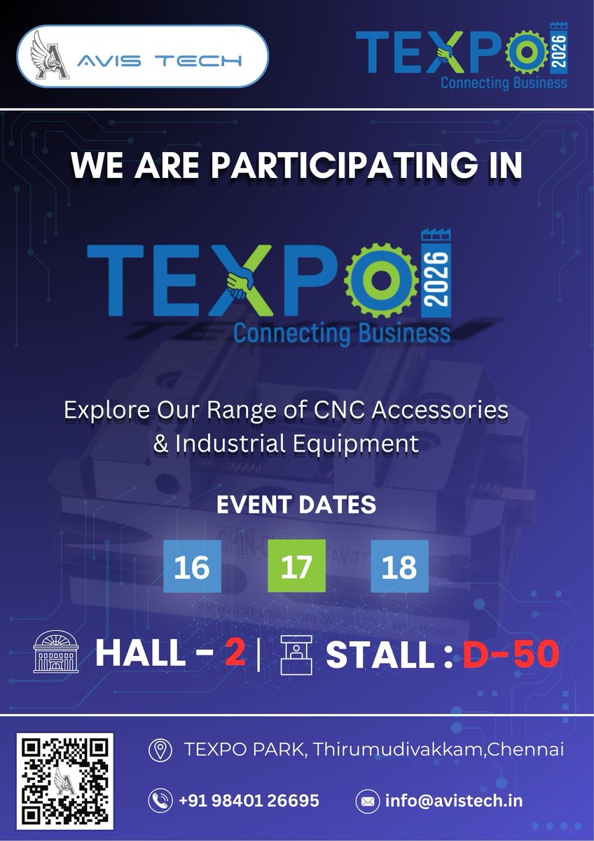 avistechchennai's tweet photo. After successfully connecting with industry leaders at previous exhibitions, we're proud to announce our participation in TEXPO 2026.
HALL NO:2| BOOTH NO : D-50
#TEXPO2026 #ExhibitionAnnouncement #ManufacturingIndustry #CNCMachines #EngineeringSolutions #IndustrialTechnology #B2B https://t.co/bRXQqFWlQA