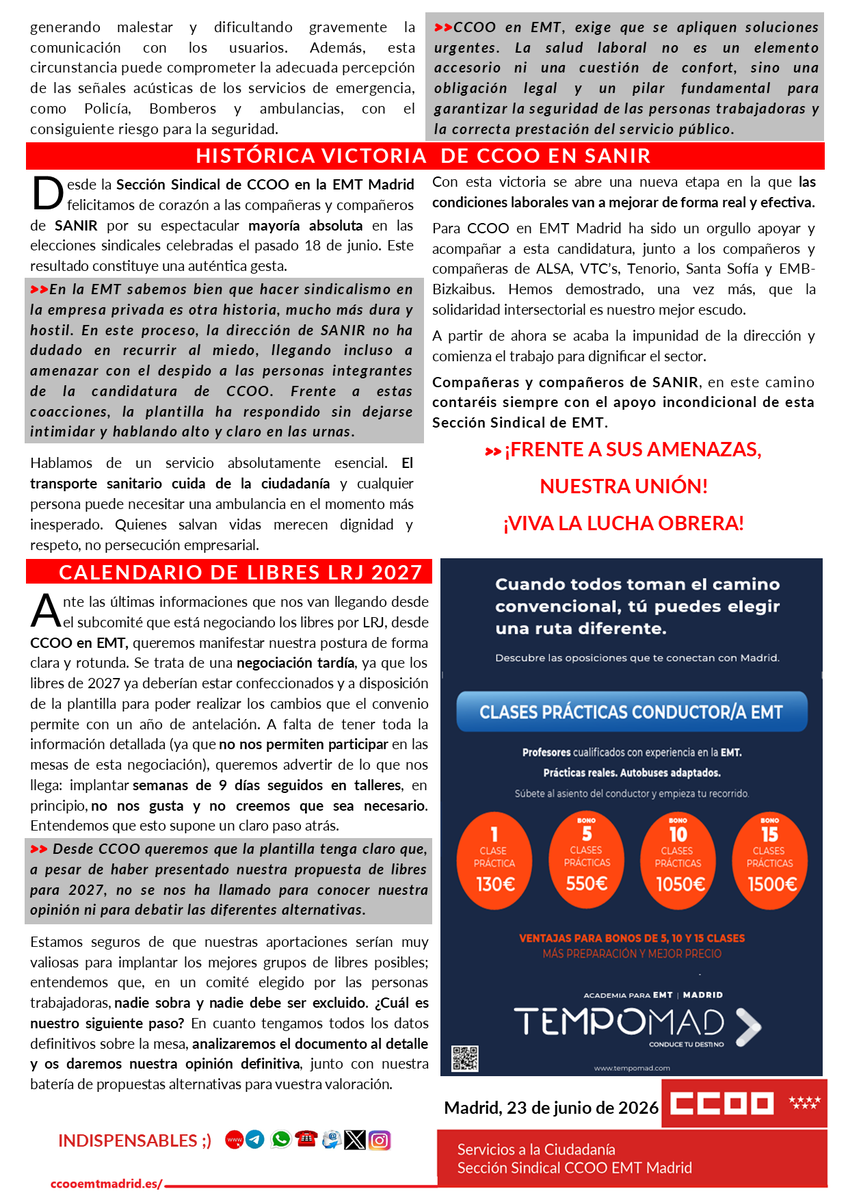 CCOO_EMTMadrid's tweet photo. Compañeras/os. Mañana martes estaremos en los distintos Centros de Trabajo de 05:00 a 09:00 y de 20:00 a 01:00 para  ayudaros en vuestras dudas, asesoraros en lo que necesitéis y entregaros en mano nuestro COMUNICADO.🔴

➡️ https://t.co/unynI1kNx8 📲 https://t.co/8ep1jf6Muw