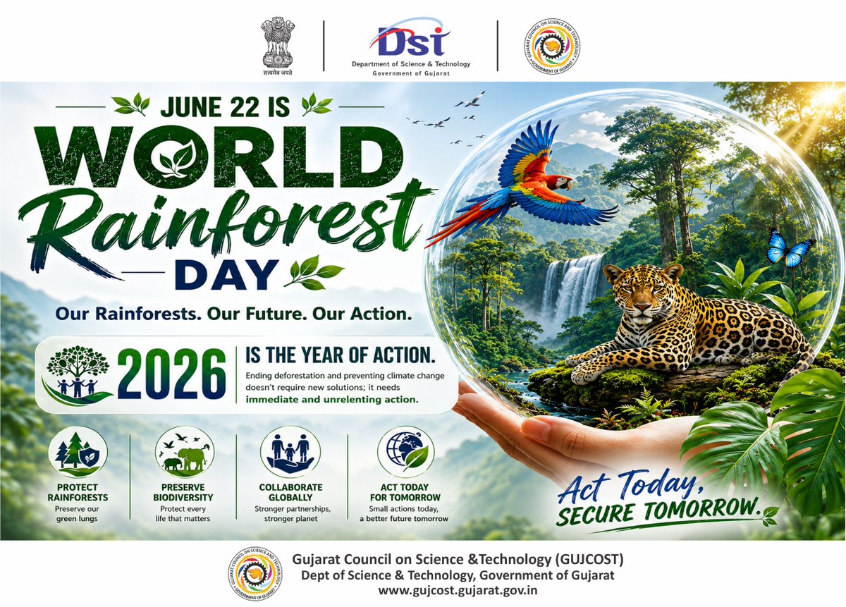 InfoGujcost's tweet photo. On #WorldRainforestDay (22 June), we celebrate Earth’s most precious natural treasures our rainforests. 

Covering just 6% of the planet’s surface, they harbor nearly 50% of terrestrial biodiversity, regulate climate, store immense amounts of carbon, protect communities from floods and droughts, and sustain millions through food, #medicine, culture, and #livelihoods.

From the Amazon to tropical forests across the globe, these vibrant ecosystems are living pharmacies, vital #carbon sinks, and keepers of invaluable traditional #knowledge. 

As climate and biodiversity crises intensify, the solution is clear: protect, restore, and cherish our rainforests. Every tree saved is a step toward a healthier, greener, and more resilient #future for #generations to come.