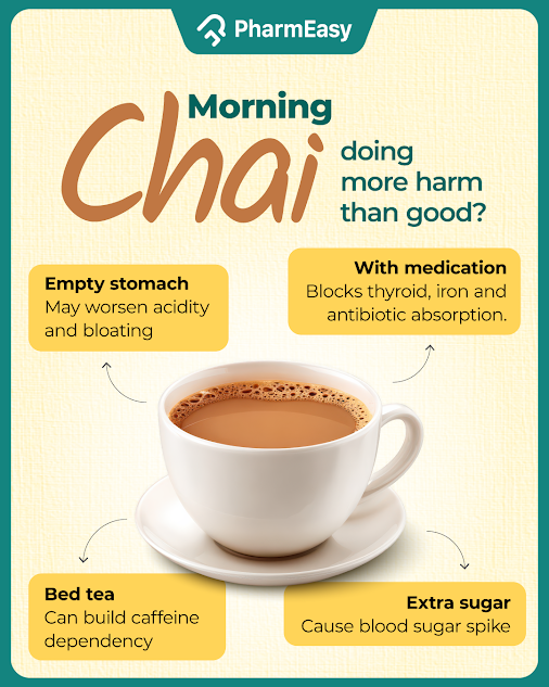 pharmeasyapp's tweet photo. Chai isn't the enemy. 
But drinking it on an empty stomach, loading it with sugar, and washing down your tablets with it?

That's where the damage quietly begins. https://t.co/DD1AY81AES