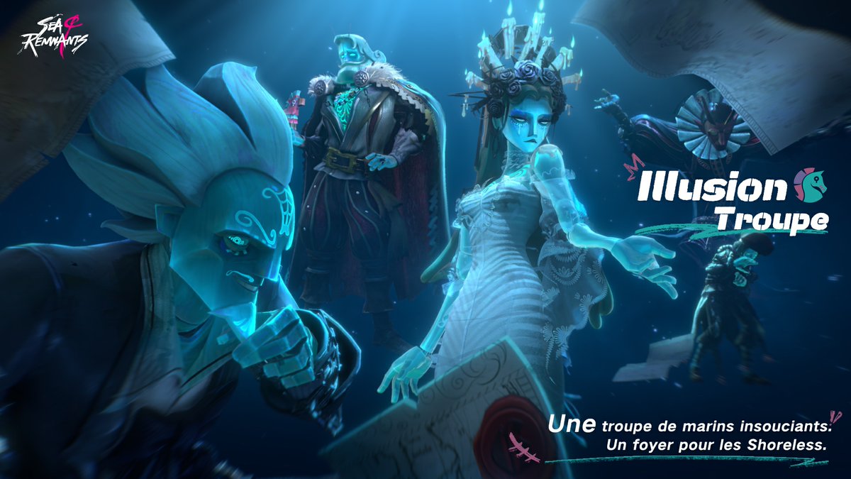 seaofremnantsfr's tweet photo. Introduction de la flotte — Illusion Troupe

Sans port d’attache permanent ni cap prédéterminé, partout où se trouvent des histoires devient leur scène.

Des légendes aussi vastes que des épopées de joie et de douleur, ou des récits aussi humbles que des murmures dans les rues, tout est recueilli dans leur théâtre itinérant puis réinventé en performances.

Leur existence, bien plus longue que celle des gens ordinaires, leur a permis d’assister à d’innombrables marées montantes et descendantes. Ayant abandonné l’agitation du monde des mortels, ils contemplent désormais la mer avec des cœurs ouverts et une clarté sans limite.

Cheapskate — le caissier de l’Illusion Troupe. Un vieux radin.

Torino Papa — un interprète d’opéra de l’Illusion Troupe. Il ferait n’importe quoi pour les enfants.

Seamourn — une danseuse de l’Illusion Troupe, prononçant à jamais des paroles sinistres avec une grâce douce.

Puppeteer — un artiste de théâtre de marionnettes de l’Illusion Troupe. Une âme timide qui semble possédée.