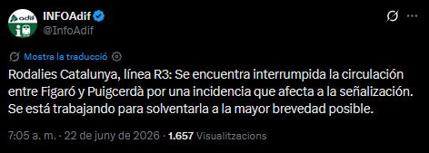 defensemR3's tweet photo. 🤦🏾‍♀️Després del tuit estel·lar de @rodalies de dissabte, avui continua el despropòsit informatiu a l'R3: @rod3cat, @T_mobilitat i @InfoAdif dient informacions diferents. Si la circulació ferroviària està interrompuda, deu ser entre la Garriga i Ribes, no? La resta ja estava tallat. https://t.co/2SFetXRC8n