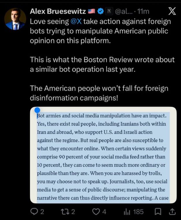 SKYRIDER4538's tweet photo. Elon, I appreciate that you posted about this because many Iranians who are anti Iranians regime are having their X accounts suspended simply for stating their opinion. 
I hope we are not going back to Biden/Jack/Twitter days but this very disturbing. 

Seems like Alex Bruesewitz has started a campaign about anyone who disagrees on the Iran deal and gets them suspended simply because the accounts may not be based on the U.S. 

Please end the censorship and unjust suspensions 🙏🏻