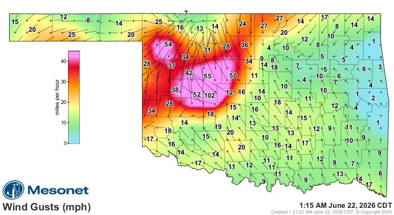 MatthewGaylor's tweet photo. 102 mph wind gust at the Hinton @okmesonet station

#okwx https://t.co/MIbesARRT0