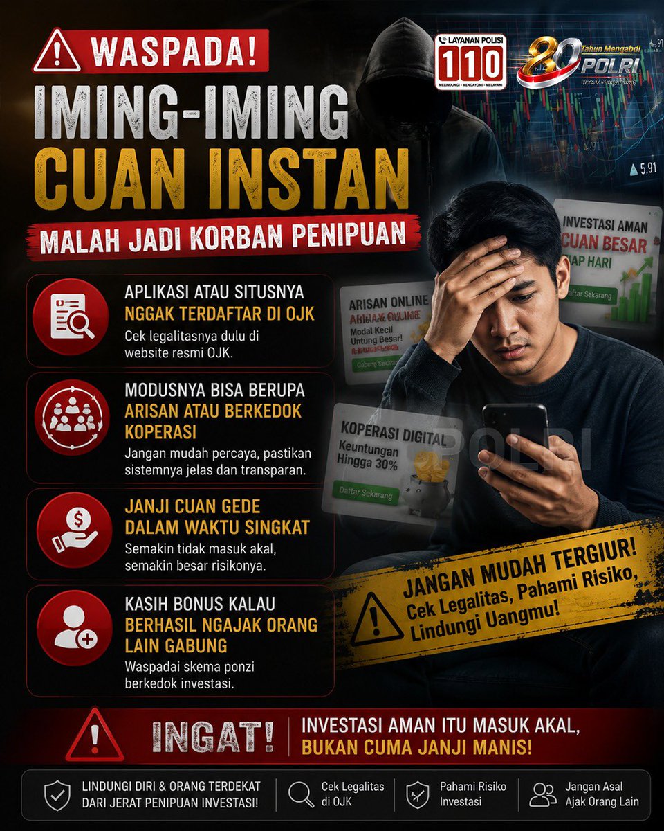 Polres_Bwi's tweet photo. Mau cuan itu wajar, tapi jangan sampai malah kena investasi bodong. Biasanya mereka menawarkan keuntungan yang nggak masuk akal dalam waktu singkat dan bahkan ngasih bonus kalau berhasil ngajak orang lain ikut gabung. Yuk, lebih teliti sebelum investasi. #BerantasTindakKejahatan https://t.co/HrNoKIEMhH