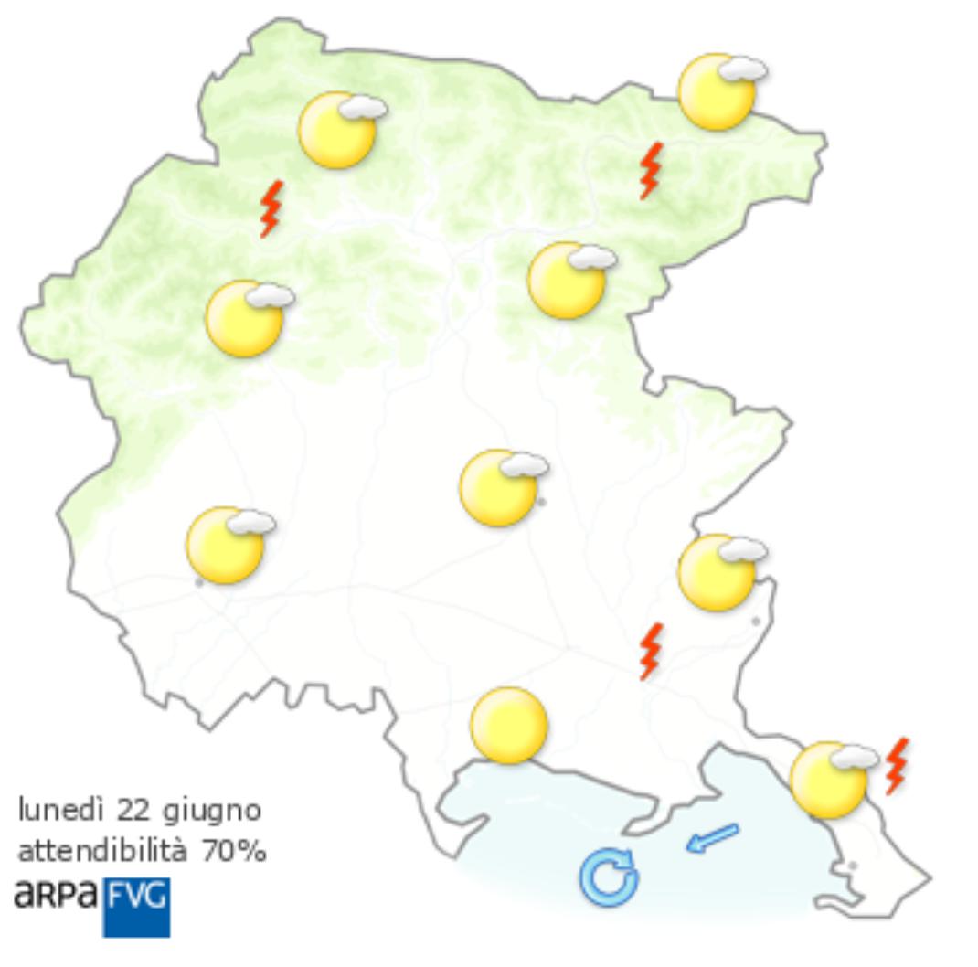 regioneFVGit's tweet photo. #meteo #FVG
Cielo sereno o poco nuvoloso e caldo piuttosto secco, al mattino probabilmente soffierà Borino sulla costa, in giornata venti a regime di brezza. Nel pomeriggio e in serata possibili rovesci e temporali sparsi. Qualche isolato temporale potrebbe essere anche forte. https://t.co/jFMupYNtHt