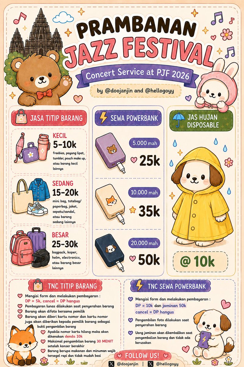 doojanjin's tweet photo. CONCERT SERVICE by @doojanjin and @hellogoyy 

hi guys! kita open jasa penitipan barang dan sewa power bank di Prambanan Jazz Festival 2026 nih

📍Candi Prambanan 
🗓️ 3-5 Juli 2026 

for detail information kindly check https://t.co/WQBBy51IA5 https://t.co/K00ljbFaRo
