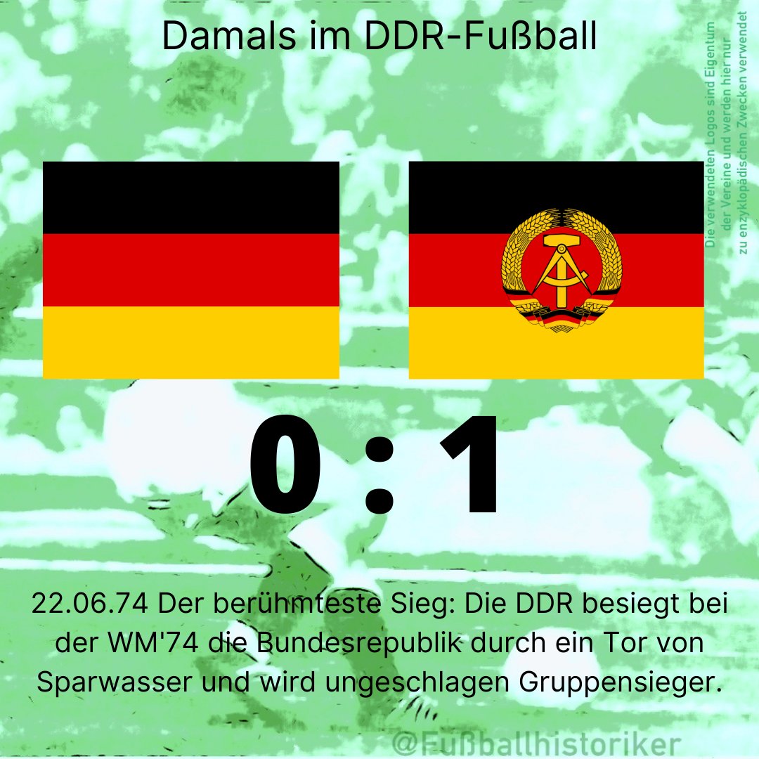 FussballDdr's tweet photo. 📌 22.06.74

Die DDR feiert ihren berühmtesten Sieg.

In der Vorrunde der WM 1974 gewinnt die DDR-Auswahl mit 1:0 gegen die Bundesrepublik.
Jürgen Sparwasser vom #1FCMagdeburg erzielt nach Zuspiel von Erich Hamann das entscheidende Tor.

Für die DDR bleibt es der letzte Sieg bei einer WM-Endrunde.
Für die Bundesrepublik ist es die einzige Niederlage des Turniers.

„Hamburg '74“ könne auf seinem Grabstein stehen, sagt später Jürgen #Sparwasser. Dabei gerät oft in Vergessenheit: Seine 20 Europacuptore sind DDR-Rekord, bei Länderspielen traf er 15x (Rang 10).

#DDRFußballkalender #GDR #Fußballgeschichte #WM1974 #Sparwasser #1FCMagdeburg
