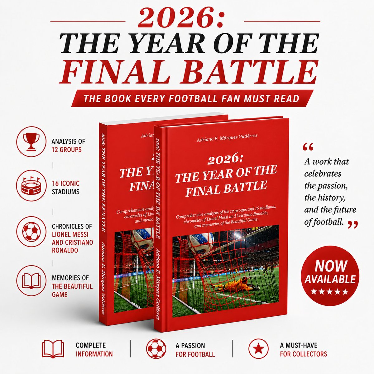 adriamarq's tweet photo. This incredible book is now available on AMAZON! Click the link to grab your copy today: [2026 FINAL BATTLE SERIES] 📷
#WorldCup2026 #Football #Soccer #Messi #CristianoRonaldo #BookRecommendations #MustRead #FootballAnalysis #SoccerAnalysis #WorldCup #BookLaunch #AdrianoMarquez https://t.co/TlsfYqsUQS