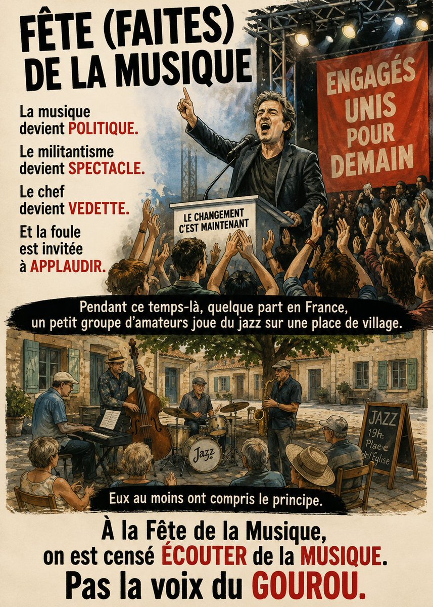 PNerval's tweet photo. Billet d'humeur par Pierre Nerval
La Fête de la Musique ou la Fête du Gourou ?

Autrefois, la Fête de la Musique avait un concept relativement simple.
Des musiciens jouaient de la musique.
On venait écouter un groupe de rock, un accordéoniste, un orchestre amateur, une chorale, un jazz-band ou trois adolescents massacrant du Johnny sur une place de village.
C'était parfois faux et approximatif.
Mais c'était de la musique.
Cette année, certains ont décidé d'innover.
À la place des musiciens, on a installé des responsables politiques.
À la place des chansons, des discours.
À la place des partitions, de la propagande.
Et l'on a baptisé cela : «concert insoumis antiraciste».
Le mot "concert" mérite ici une mention spéciale.
Car lorsqu'un homme politique monte sur scène et que la foule scande son nom comme celui d'une vedette de variétés, nous ne sommes plus dans la musique mais dans le culte de la personnalité.
Le plus amusant reste d'ailleurs le spectacle sociologique.
Dernierement, Jean-Luc Mélenchon a expliqué que la France était peuplée de «tous blancs, tous moches», formule restée célèbre.
Et voilà que les images de son rassemblement montrent précisément une foule composée en majorité de ces mêmes catégories sociologiques que son camp passe son temps à caricaturer.
La réalité possède un humour féroce.
Mais le plus révélateur est ailleurs.
Pour les militants les plus fervents, la voix du chef semble désormais constituer un instrument de musique à part entière.
Certains écoutent Mozart.
D'autres préfèrent Brassens ou Bach.
Les fidèles de LFI, eux, vibrent au son du mégaphone du chef.
...
Nous avons donc assisté à un événement unique dans l'histoire culturelle française :
une Fête de la Musique où la principale attraction était une sorte de festival du discours politique déguisé en événement populaire.
La récupération politique n'est même plus dissimulée.
Elle est revendiquée et exhibée.
Comme si les citoyens n'étaient plus capables de faire la différence entre un concert et un meeting.
Comme si toutes les occasions devaient désormais servir à diffuser un message idéologique.
Mais le moment le plus saisissant reste peut-être ce commentaire aperçu sur les réseaux sociaux :
«Honnêtement on n'était pas si nombreux que ça, mais l'ambiance était géniale à part quelques "Mort aux juifs" maladroits.»
Des slogans antisémites qualifiés de «maladroits».
Le mot mérite lui aussi une médaille.
Un verre renversé est maladroit.
Un pas de danse raté est maladroit.
Un slogan appelant à la mort d'une communauté n'est pas maladroit.
Il est ignoble.
Et lorsqu'un tel propos apparaît dans l'environnement d'un rassemblement prétendant célébrer l'antiracisme, l'ironie devient vertigineuse.
Puis vint l'apparition de Raphaël Arnault.
Là encore, il fallait oser.
Le voir monter sur scène pour délivrer des leçons de morale politique donne l'impression d'assister à une représentation de théâtre absurde.
Dans la France d'hier, un responsable public éclaboussé par des affaires se faisait discret.
Dans la France nouvelle de Jean-Luc Mélenchon, il semble qu'il faille au contraire monter sur scène, prendre le micro et distribuer les certificats de vertu.
Le plus fascinant reste cependant le silence de certains médias.
Habituellement si prompts à dénoncer, à enquêter, à condamner et à exiger des démissions immédiates.
Cette fois, beaucoup regardent ailleurs.
Comme si certaines indignations étaient à géométrie variable.
Comme si la gravité d'un comportement dépendait soudainement de la couleur politique de son auteur.
Au fond, cette étrange Fête de la Musique résume assez bien notre époque.
La musique devient politique.
Le militantisme devient spectacle.
Le chef devient vedette.
Et la foule est invitée à applaudir.
...
Pendant ce temps-là, quelque part en France, un petit groupe d'amateurs joue du jazz sur une place de village.
Eux au moins ont compris le principe.
À la Fête de la Musique, on est censé écouter de la musique.

Pas la voix du gourou.

Pierre Nerval