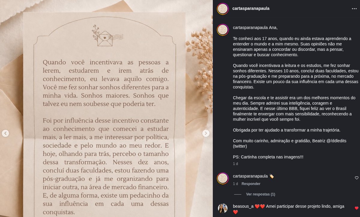 B_asiiilc_4mpe4's tweet photo. Amo ler depoimentos de fãs da Ana Paula Renault,me vejo em muitos desses lindos relatos! O perfil @cartasparanap é uma pequena amostra de que nossa torcida vai muito além de um reality show. É sobre identificação, inspiração, força e afeto. ❤️✨ @anapaularenault https://t.co/7RsdiLWj1J
