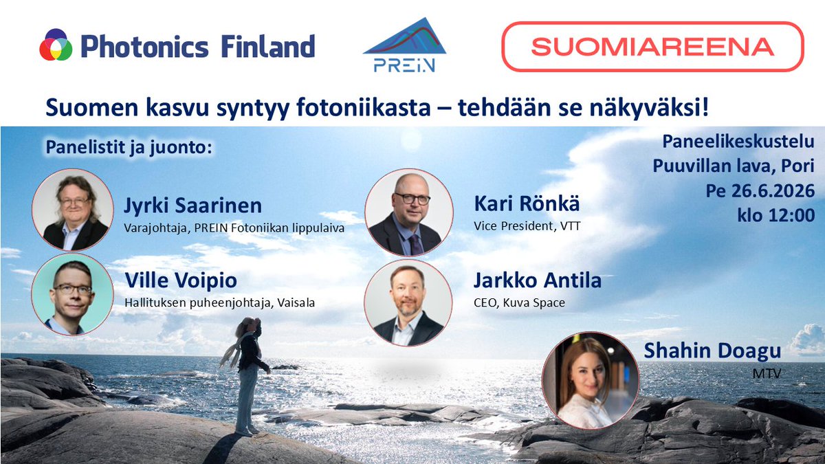 flagshipprein's tweet photo. SuomiAreena, Friday June 26: A topical panel discussion on how photonics is helping to drive Finland’s growth.
Where: Puuvilla shopping centre, Pori
 When: Fri June 26 at 12
Finland’s growth comes from photonics – let’s make it visible!
@SuomenAkatemia @VTTFinland @VaisalaGroup https://t.co/IkE9OZflVD