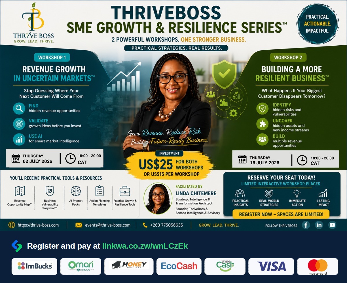 VaMapanzure's tweet photo. The question most owners avoid: if your biggest customer left, how long would the business last?

ThriveBoss series helps you answer it. Register below 👇
Payments are on Linkwa, the platform you can join to get paid too.👉 https://t.co/luaDJvLG98

#Linkwa #ZimBusiness https://t.co/ey7XKirrJX
