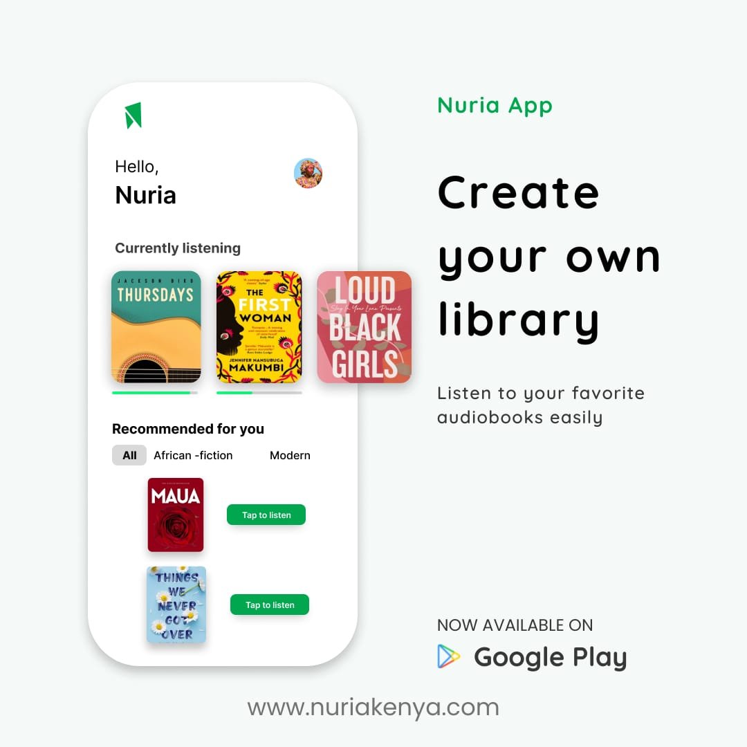 NuriaStore's tweet photo. Read, listen, discover. All in one app.

Nuria is your single destination to find, buy, and dive into ebooks and audiobooks from Kenya and across Africa. Browse curated collections and get personalized recommendations tailored to your reading taste.

Explore our growing catalog featuring Kenyan and African bestsellers, new releases, and classics with fresh titles added every week.

Download today:  https://t.co/ZJmH6sqZ52