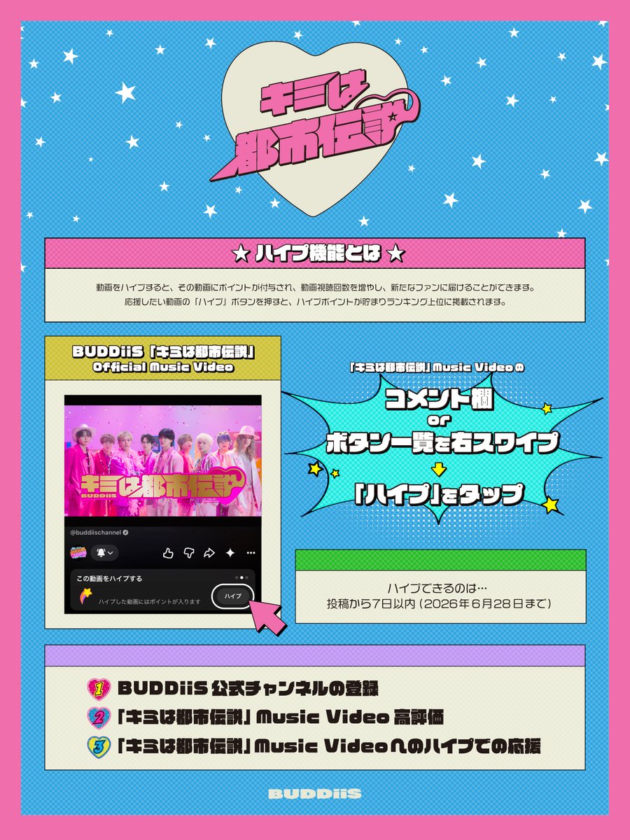 buddiis's tweet photo. ／
#BUDDiiS
｢#キミは都市伝説」
Music Video公開中🌏💘
＼

すでに沢山の反応ありがとうございます！⭐️

動画のコメント欄を右にスワイプすると
ハイプ🌠マークが出てきますので
ハイプで #キミ都市 応援していただけると嬉しいです！

🎶https://t.co/gK6RXrqOkC

#宇宙へ届けキミ都市 https://t.co/X6xIYYmpV5