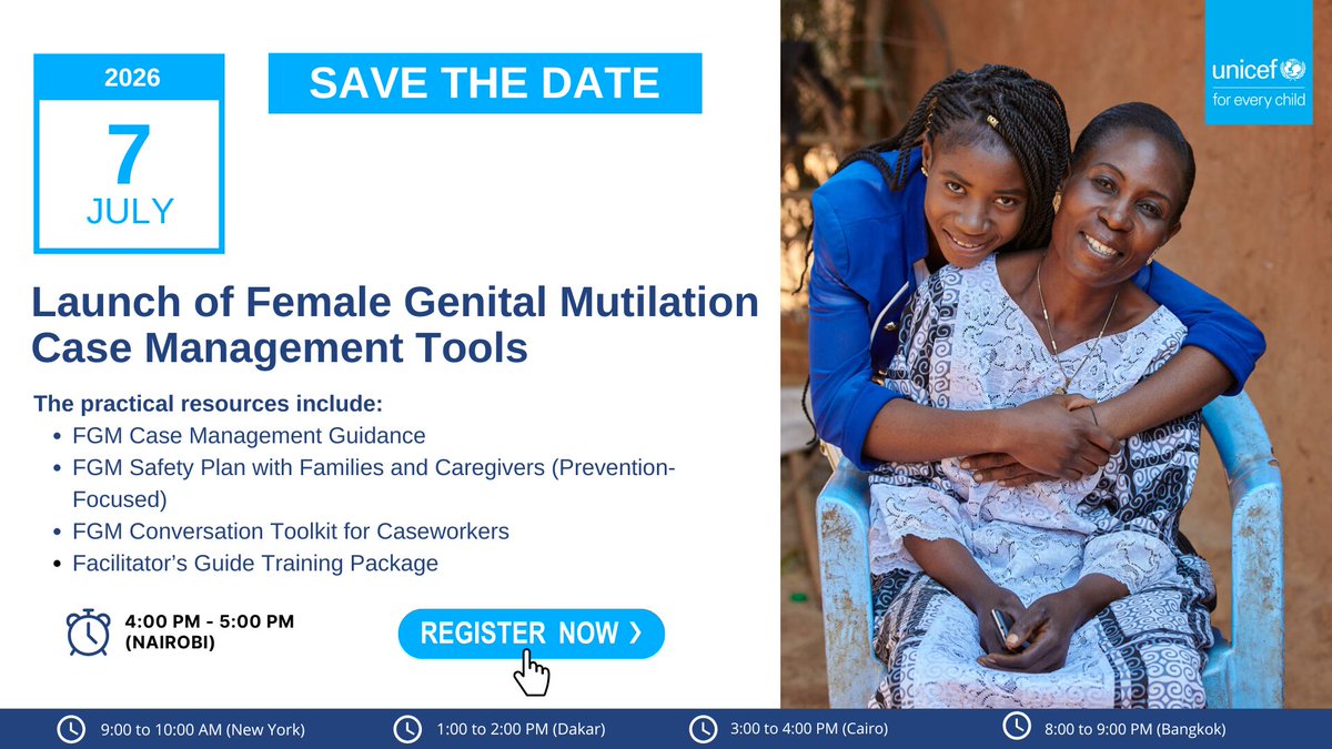 unicefprotects's tweet photo. 📢 Mark your calendars!

Join us for the launch of new practical resources to help GBV, #ChildProtection and social workers respond to FGM-related cases with confidence and a survivor-centered approach.

📅 7 July 2026
🕓 4:00 PM Nairobi | 1:00 PM GMT
🔗 https://t.co/4A0riQCvZ0 https://t.co/VvfR4B8yLJ