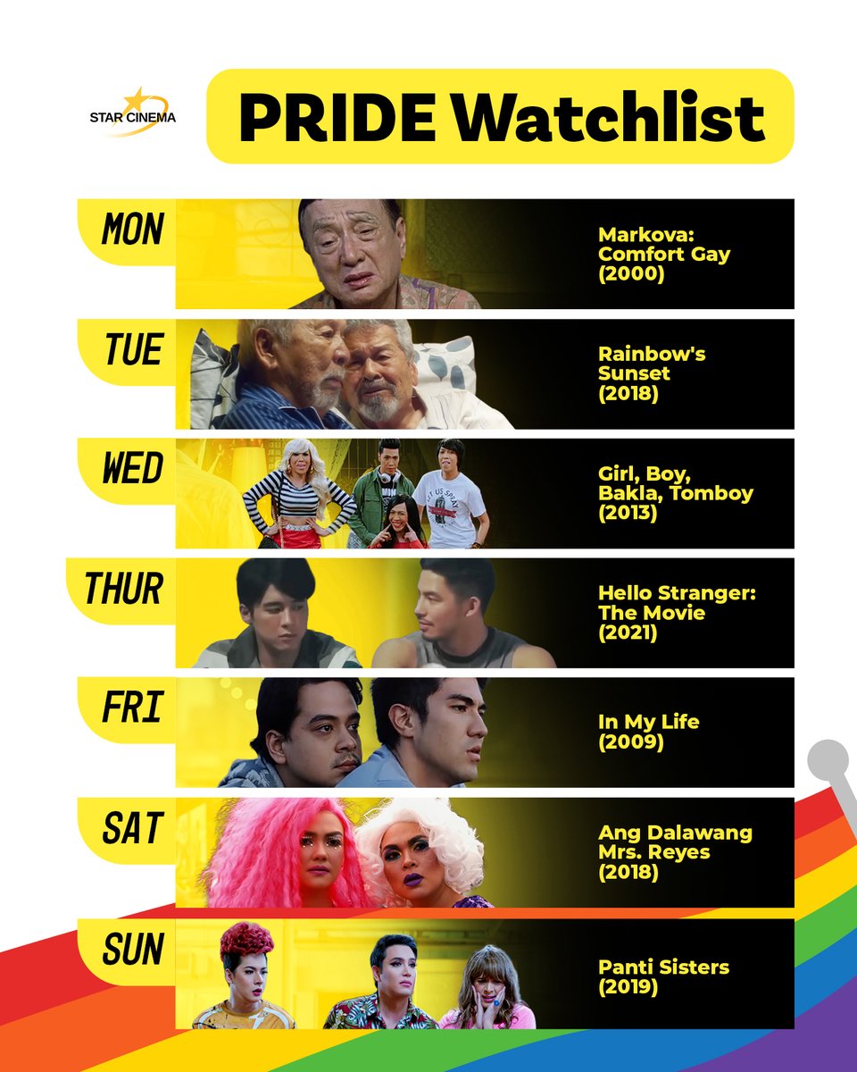 StarCinema's tweet photo. Come celebrate all kinds of love with these films 🌈
#AllAboutStarCinema #MarkovaComfortGay #RainbowsSunset #GirlBoyBaklaTomboy #HelloStranger #InMyLife #AngDalawangMrsReyes #PantiSisters https://t.co/QNC5YcTnM8
